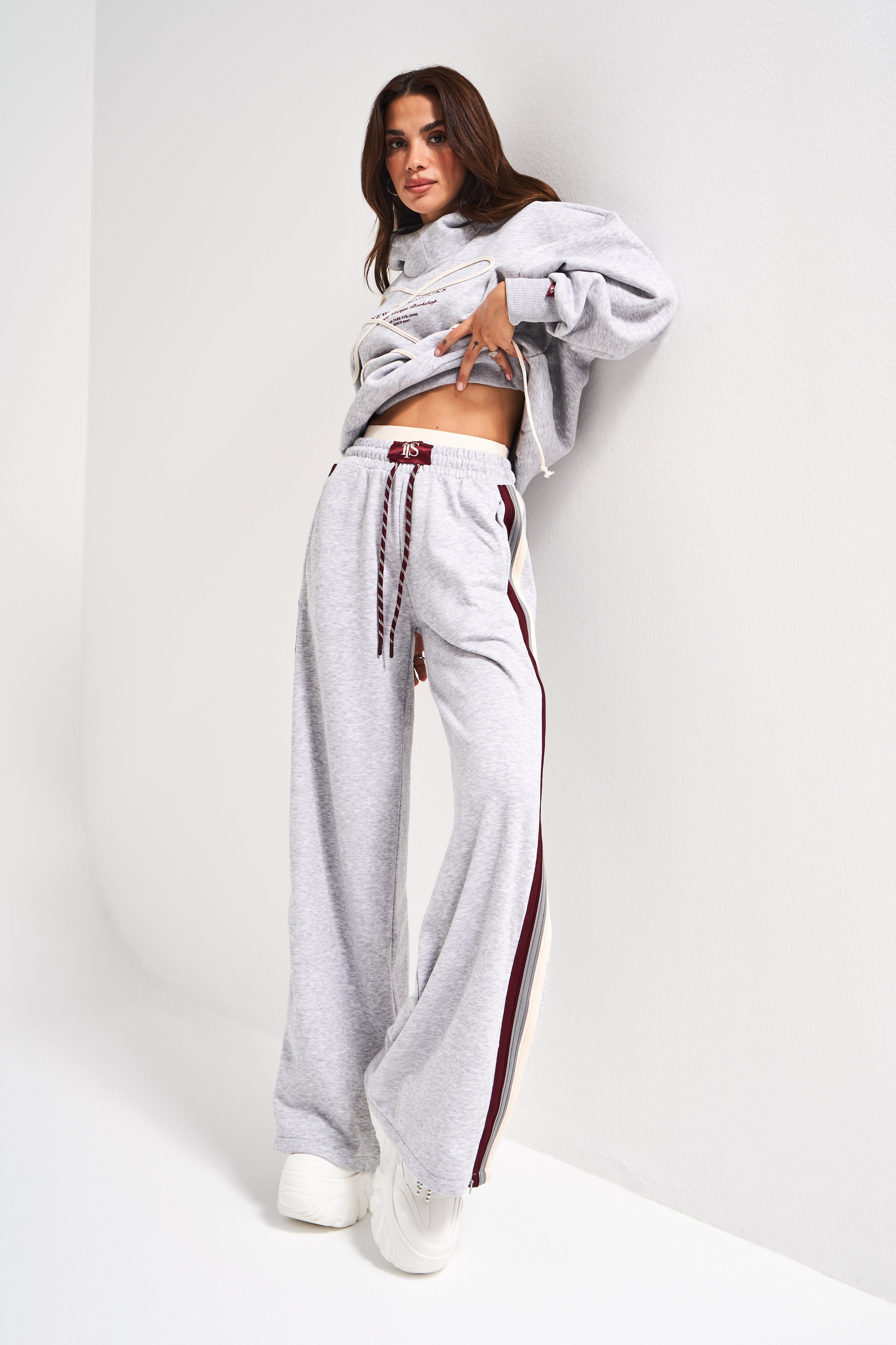 Kadın Gri Renk w5-107 Örme Kumaş Sweatshirt Alt Eşofman 2'li Kombin Tasarım Takım