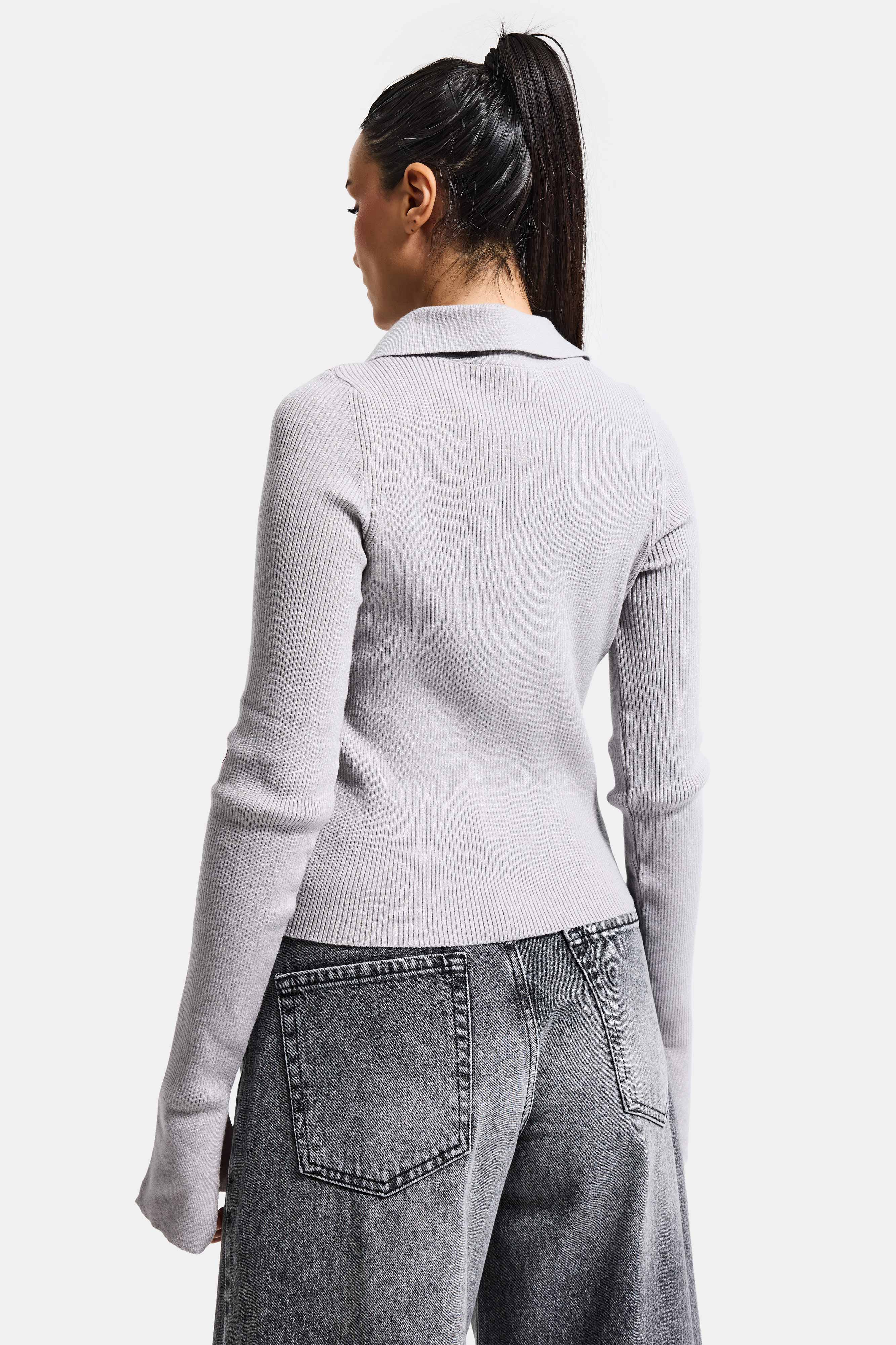 Kadın Gri Renk w5-12 Polo Yaka Viskon Esnek Kumaş Triko