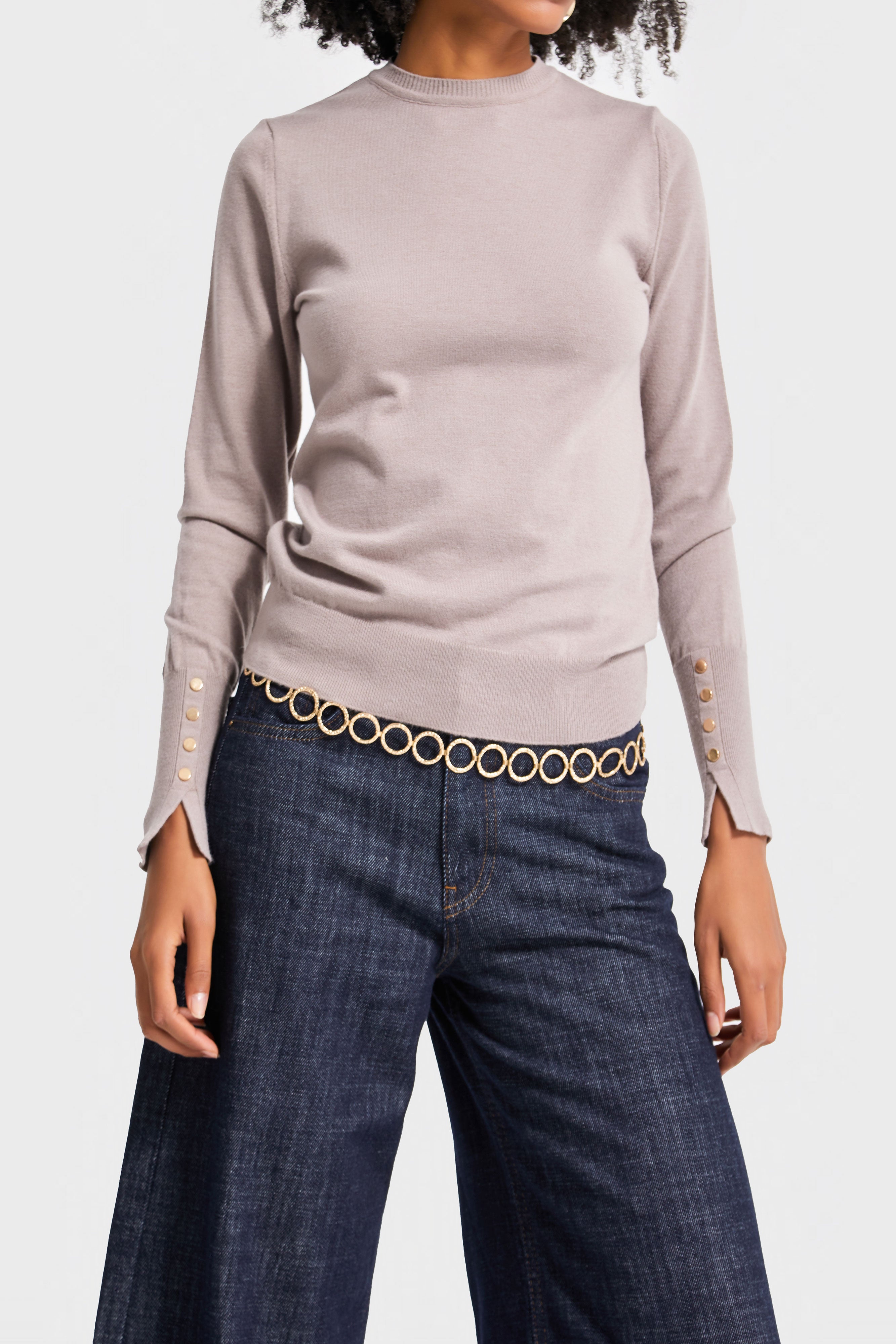 Kadın Gri Renk w5-82 Örme Triko Kumaş Bisiklet Yaka Kol Aksesuarlı Triko