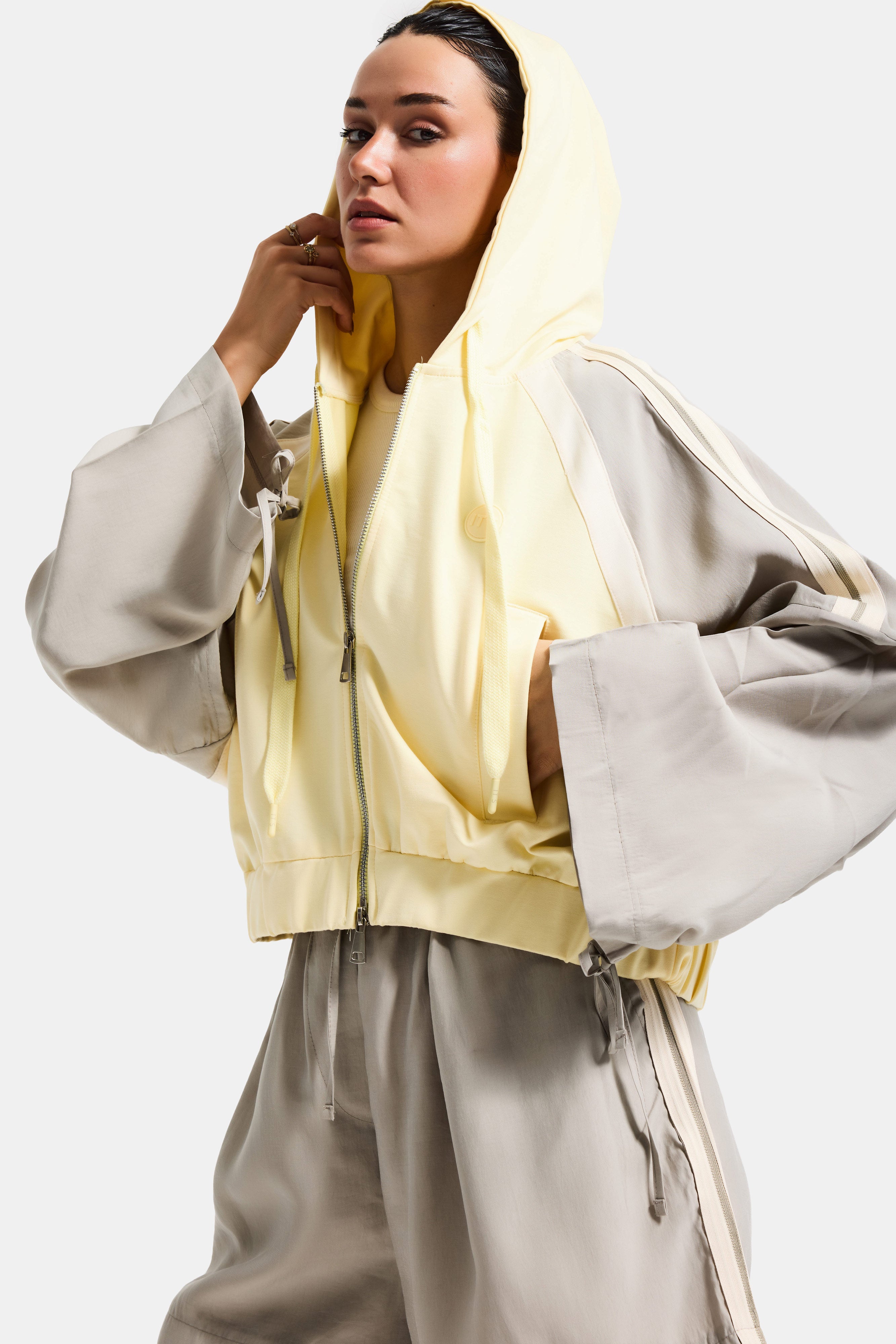 Kadın Gri Sarı s6-108 Oversize Şerit Detaylı Kapüşonlu Özel Tasarım Fermuarlı Sweatshirt