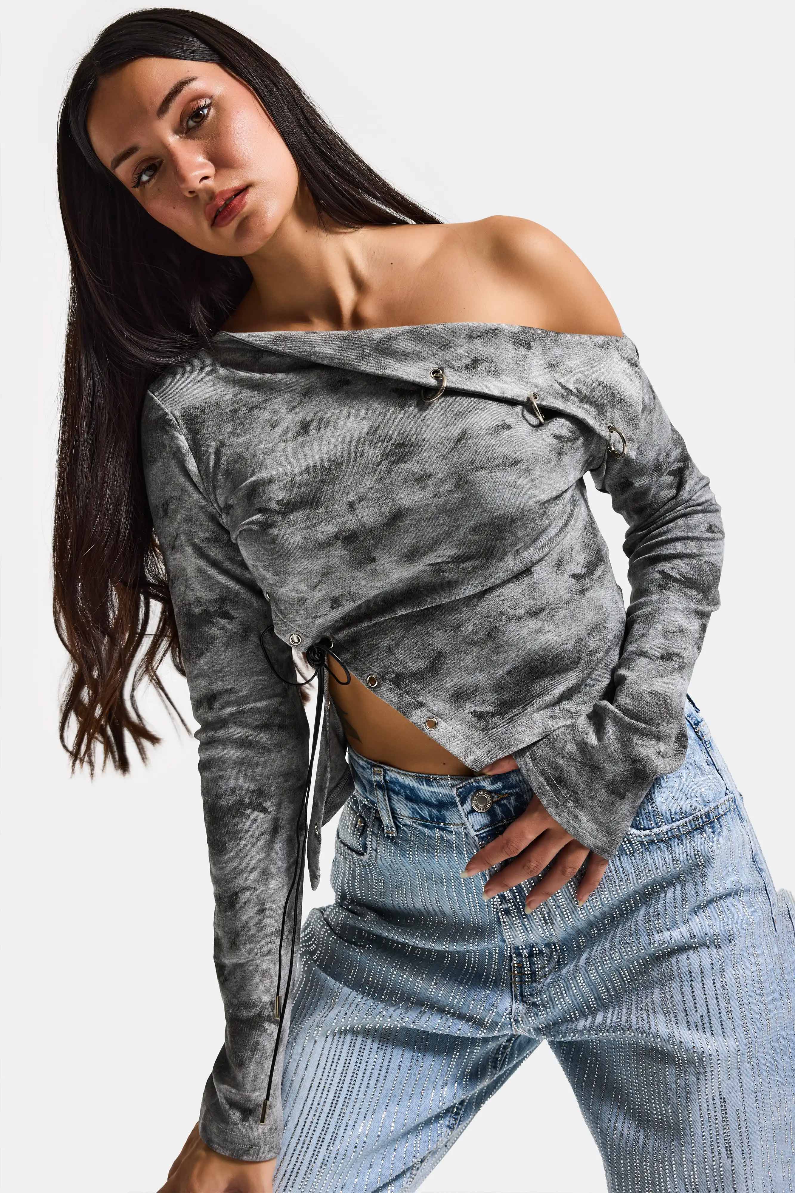 Kadın Gri w5 Asimetrik Kesim Özel Tasarım Crop Top