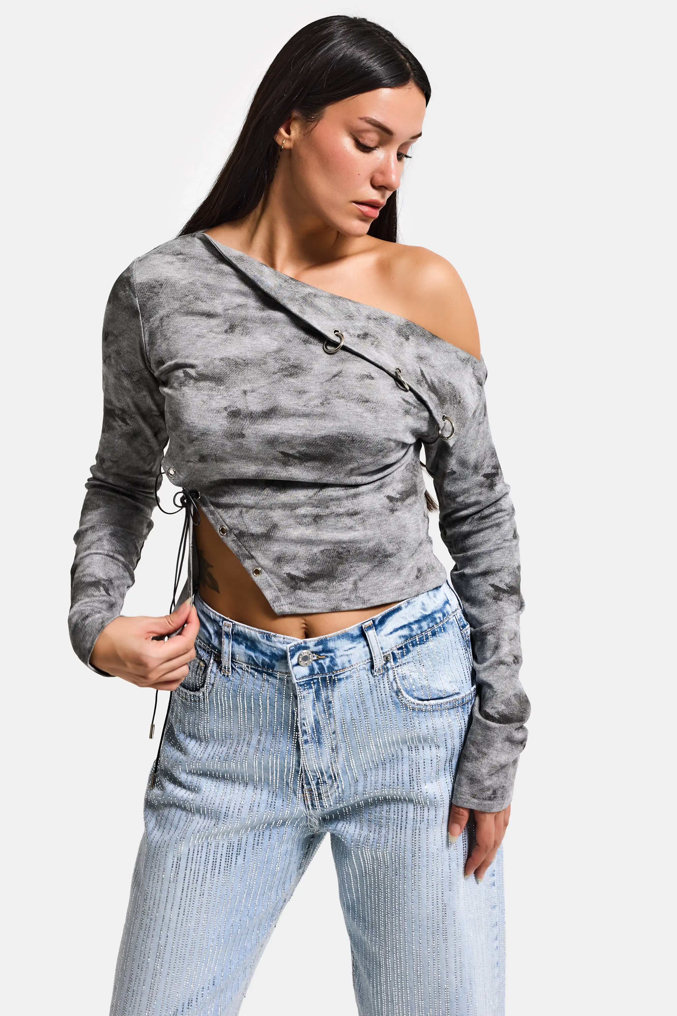 Kadın Gri w5 Asimetrik Kesim Özel Tasarım Crop Top