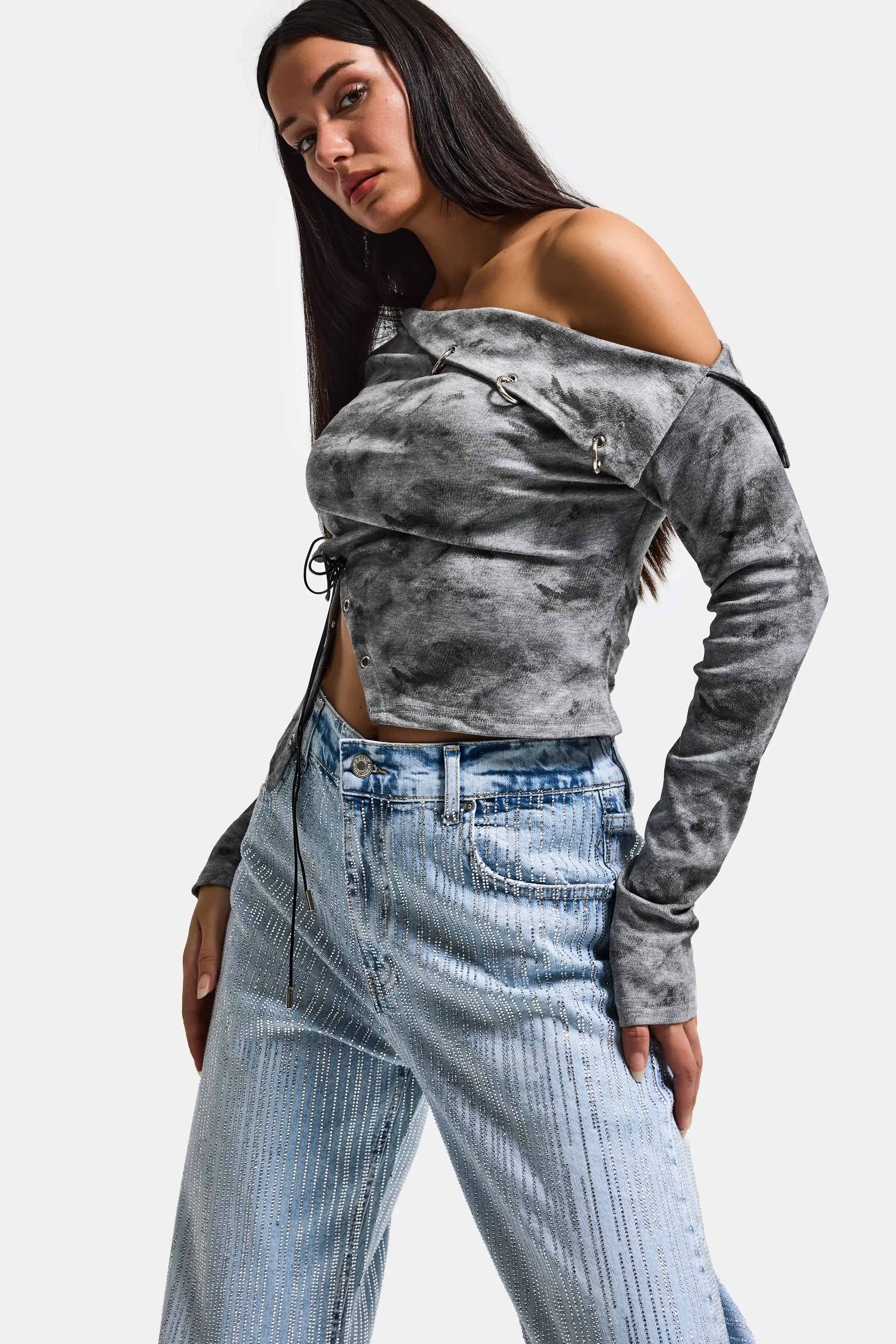 Kadın Gri w5 Asimetrik Kesim Özel Tasarım Crop Top