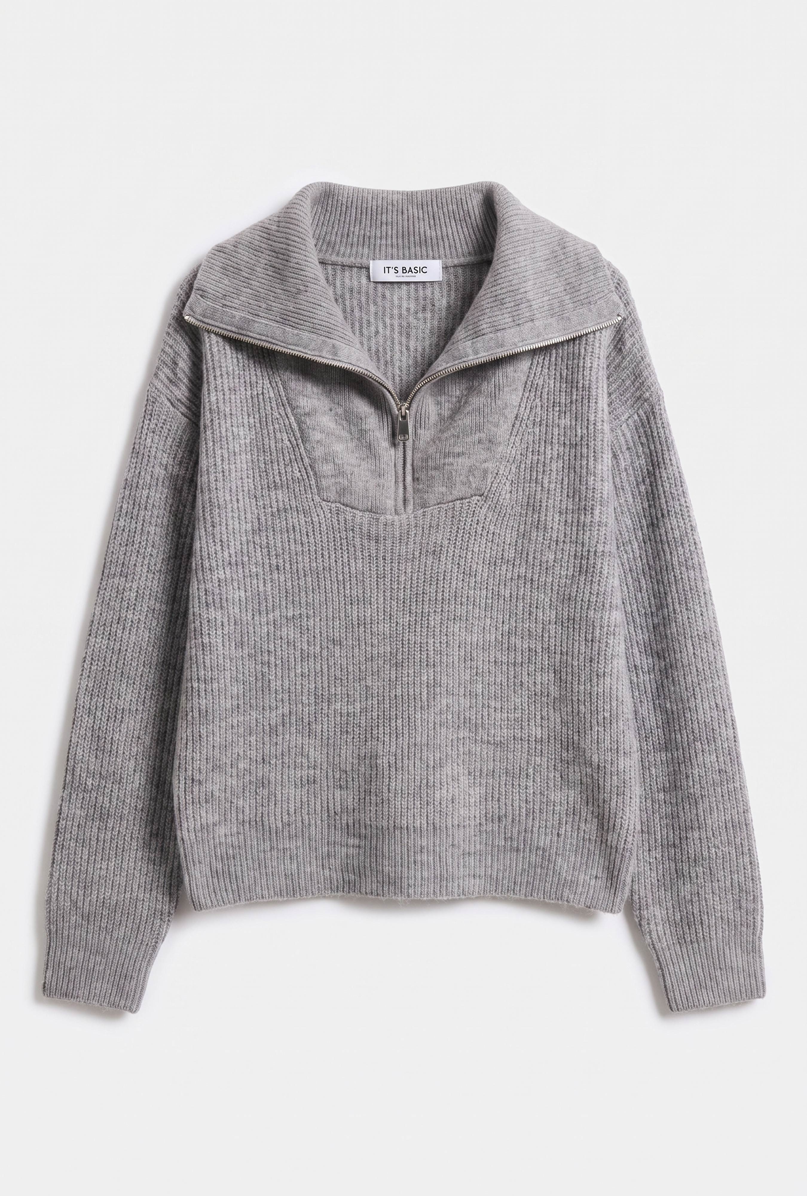 Kadın Gri w6-12 Oversize Fermuarlı Triko Kazak