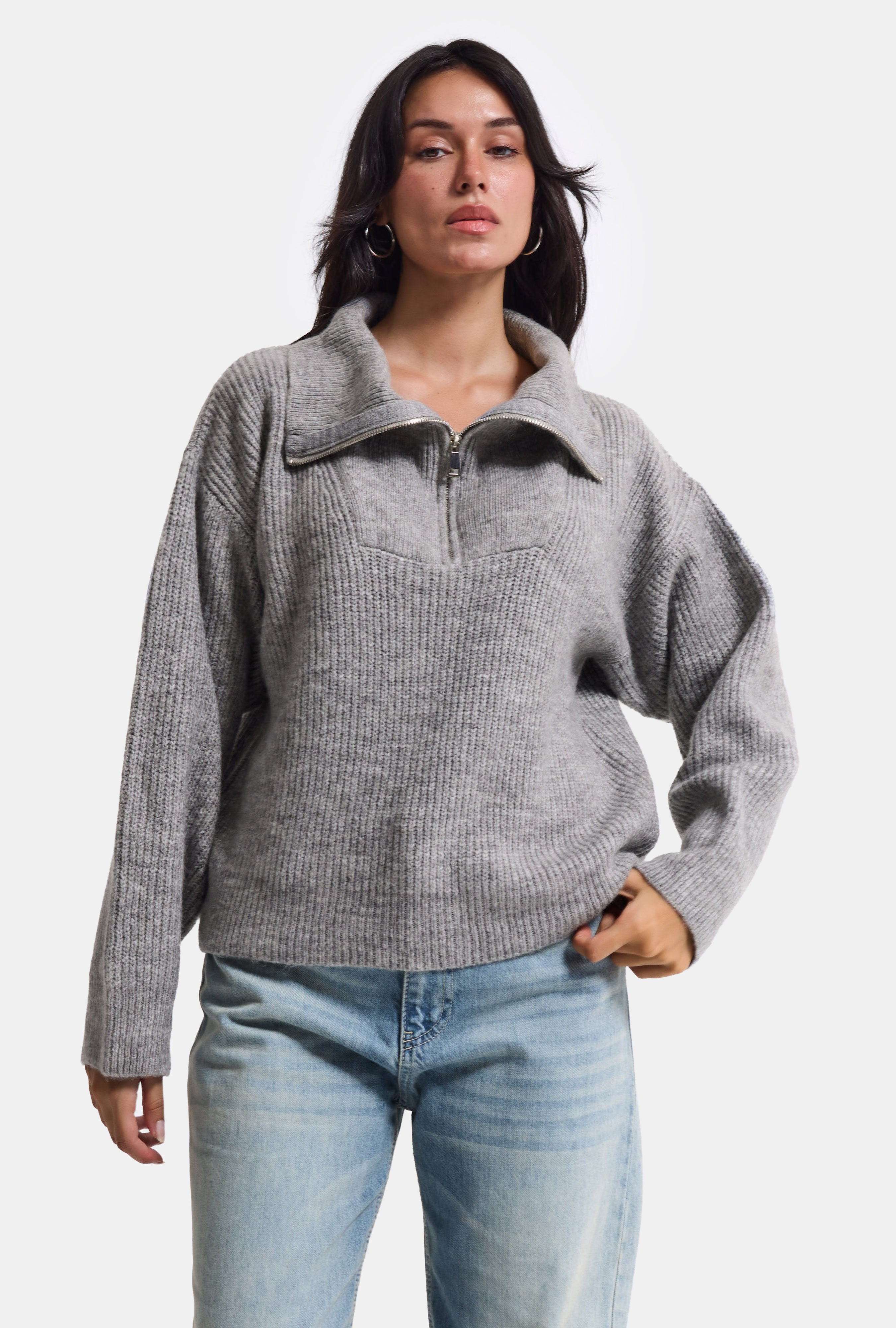 Kadın Gri w6-12 Oversize Fermuarlı Triko Kazak