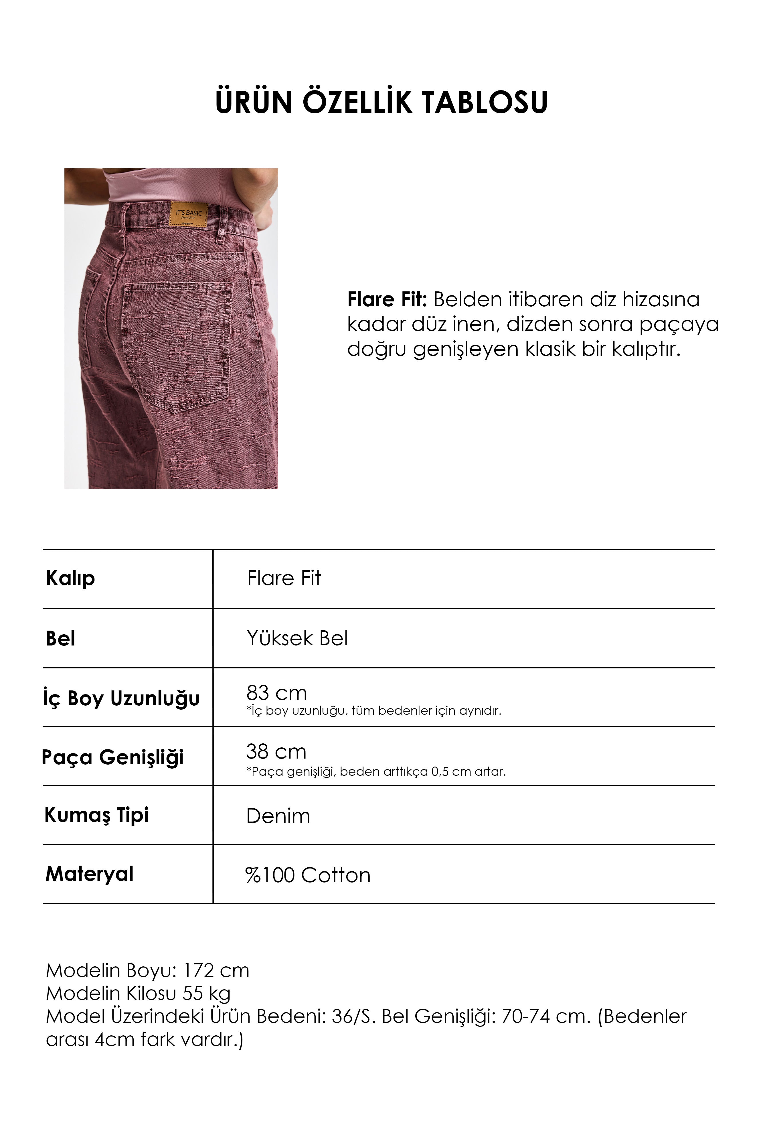 Kadın Gül Kurusu Renk 6s6-98 Flare Fit Özel Kumaş Tasarım Denim Jean