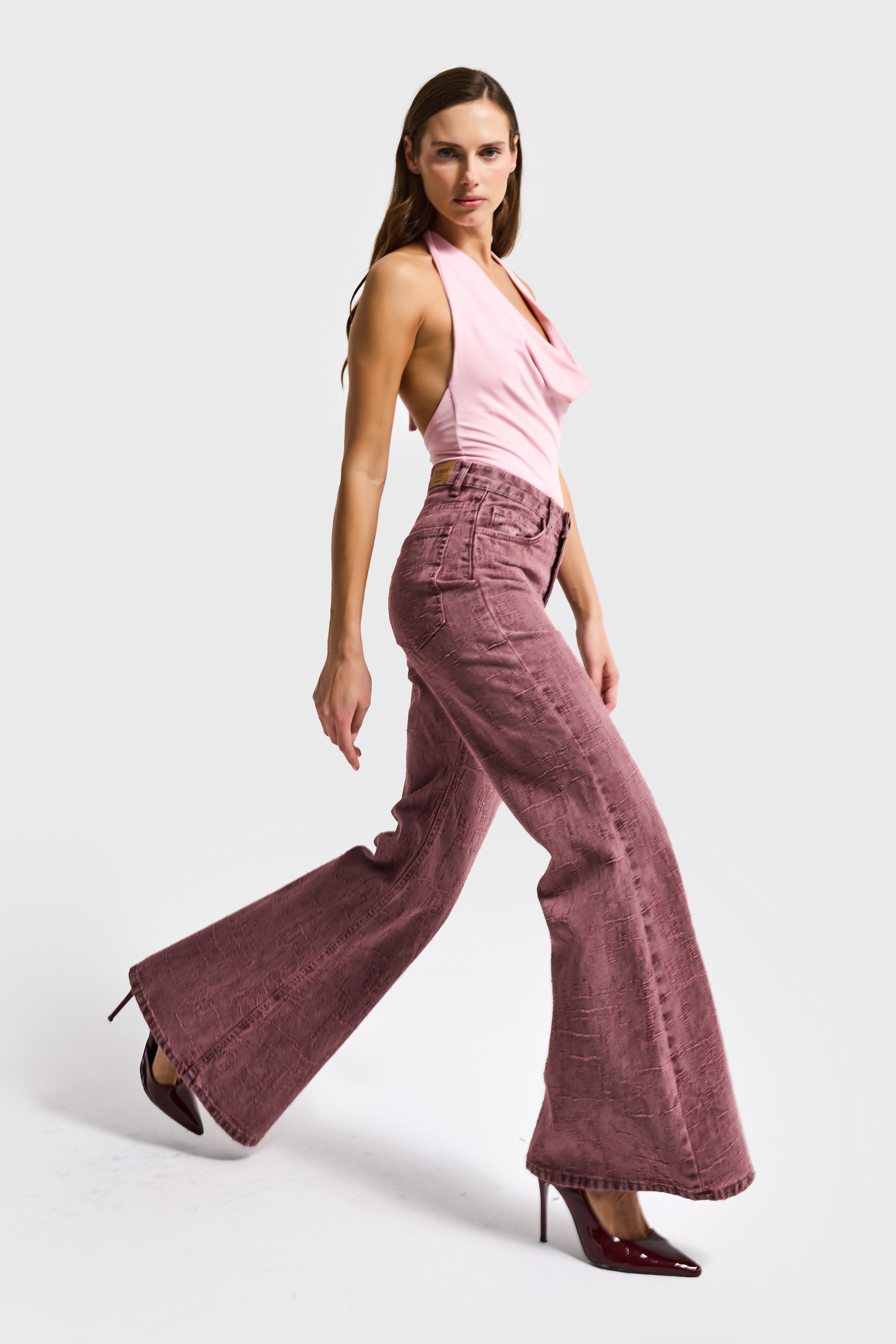 Kadın Gül Kurusu Renk 6s6-98 Flare Fit Özel Kumaş Tasarım Denim Jean