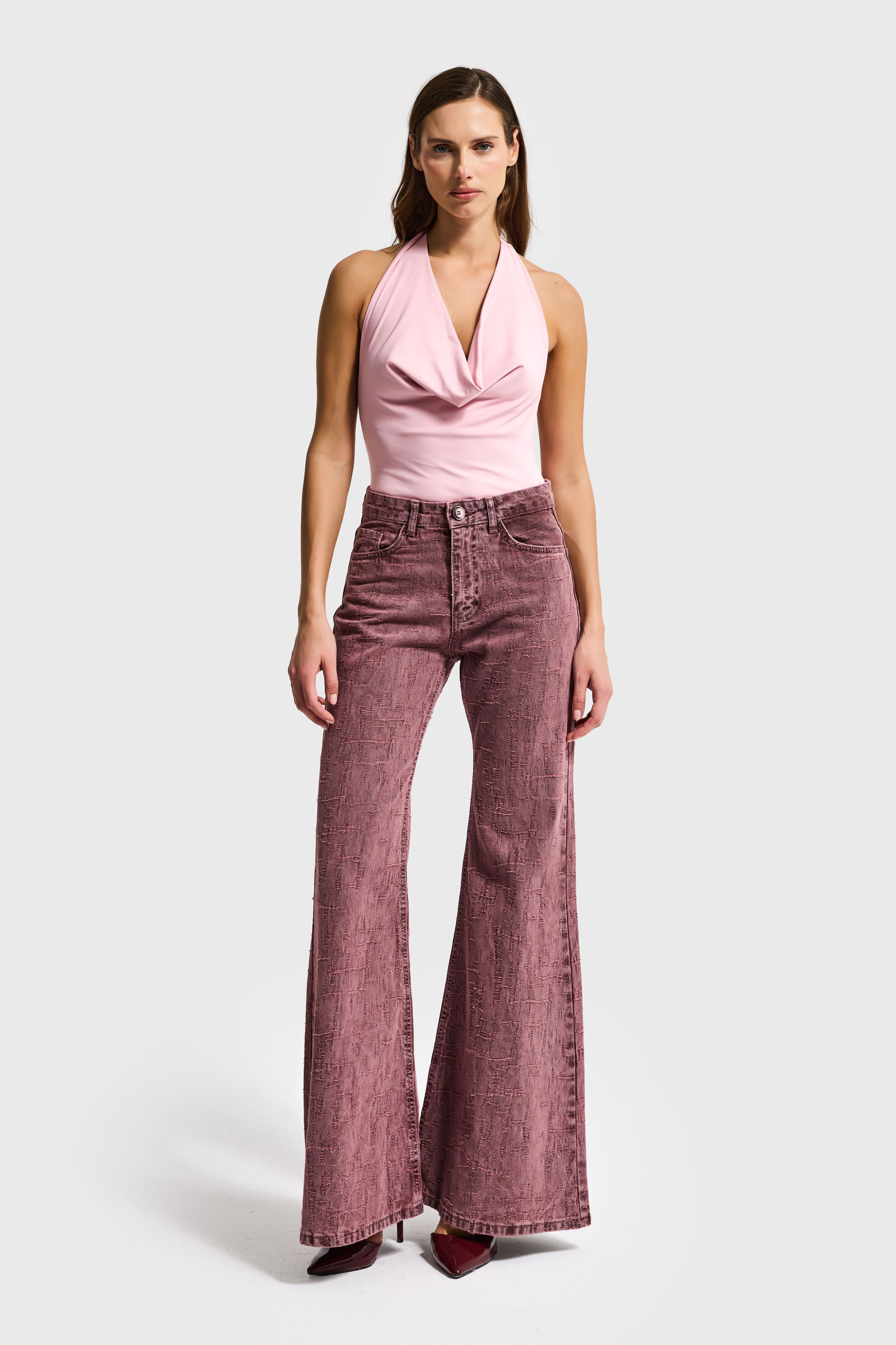 Kadın Gül Kurusu Renk 6s6-98 Flare Fit Özel Kumaş Tasarım Denim Jean