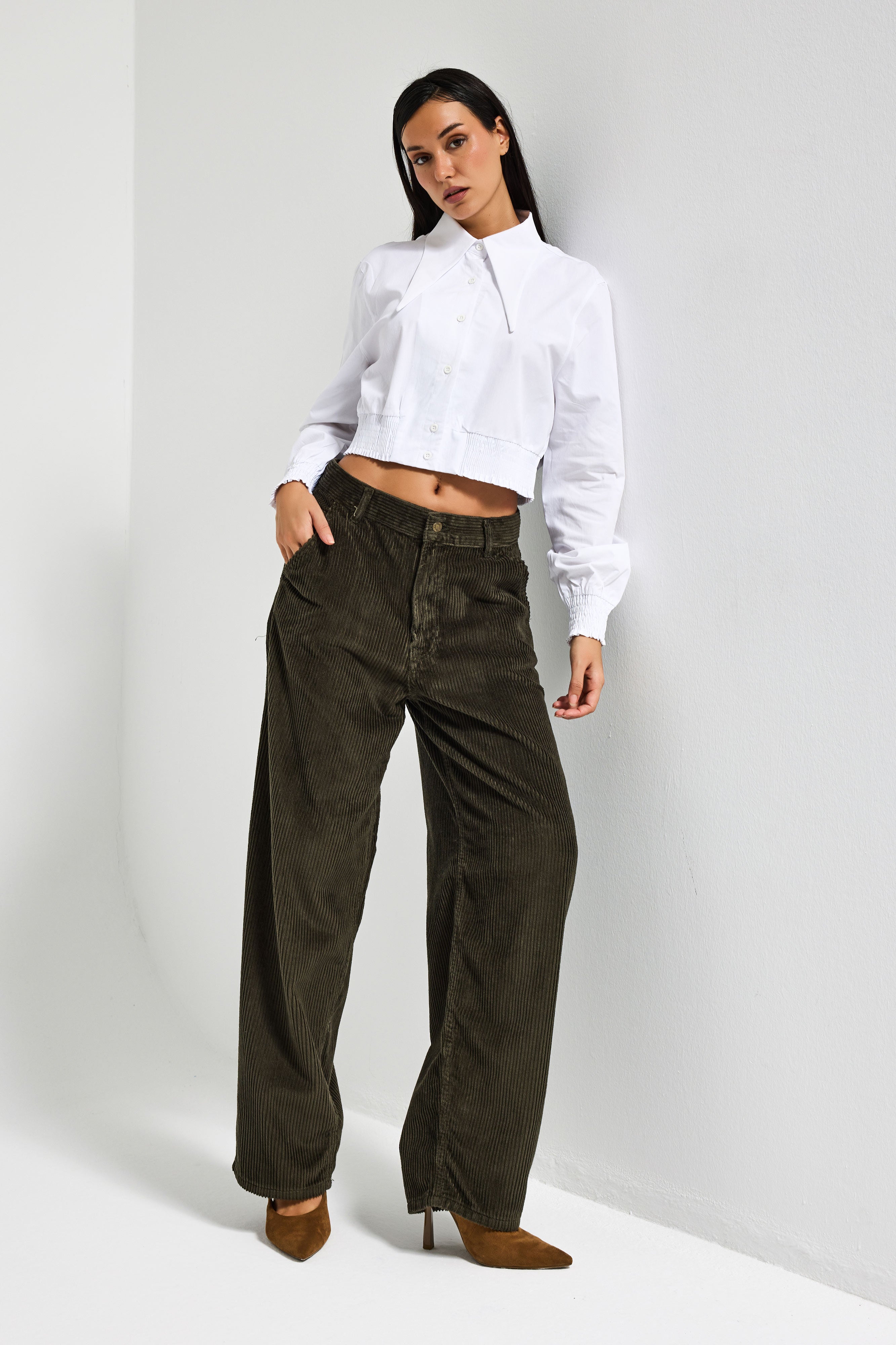 Kadın Haki Juniper 26w5-15 Skater Fit Fitilli Velvet Kadife Kumaş Pantolon