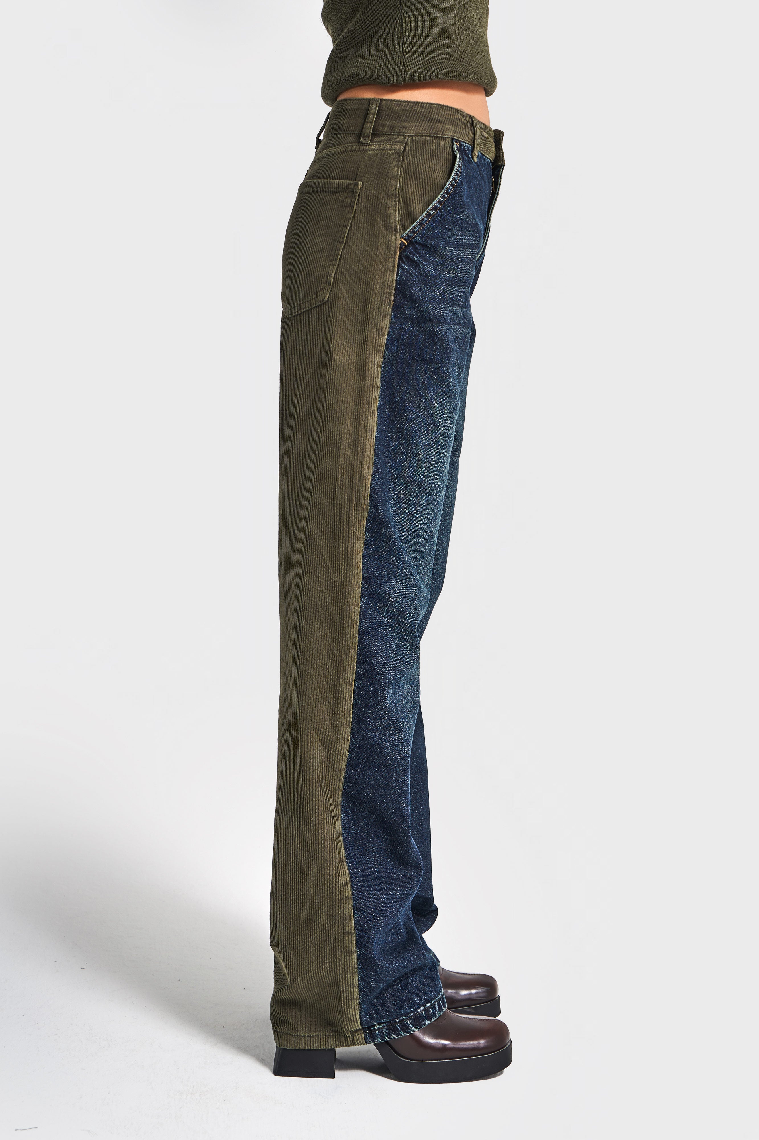 Kadın Haki Kot Rengi 2w5-31 Loose Fit Kadife Denim Kumaş Tasarım Denim Jean