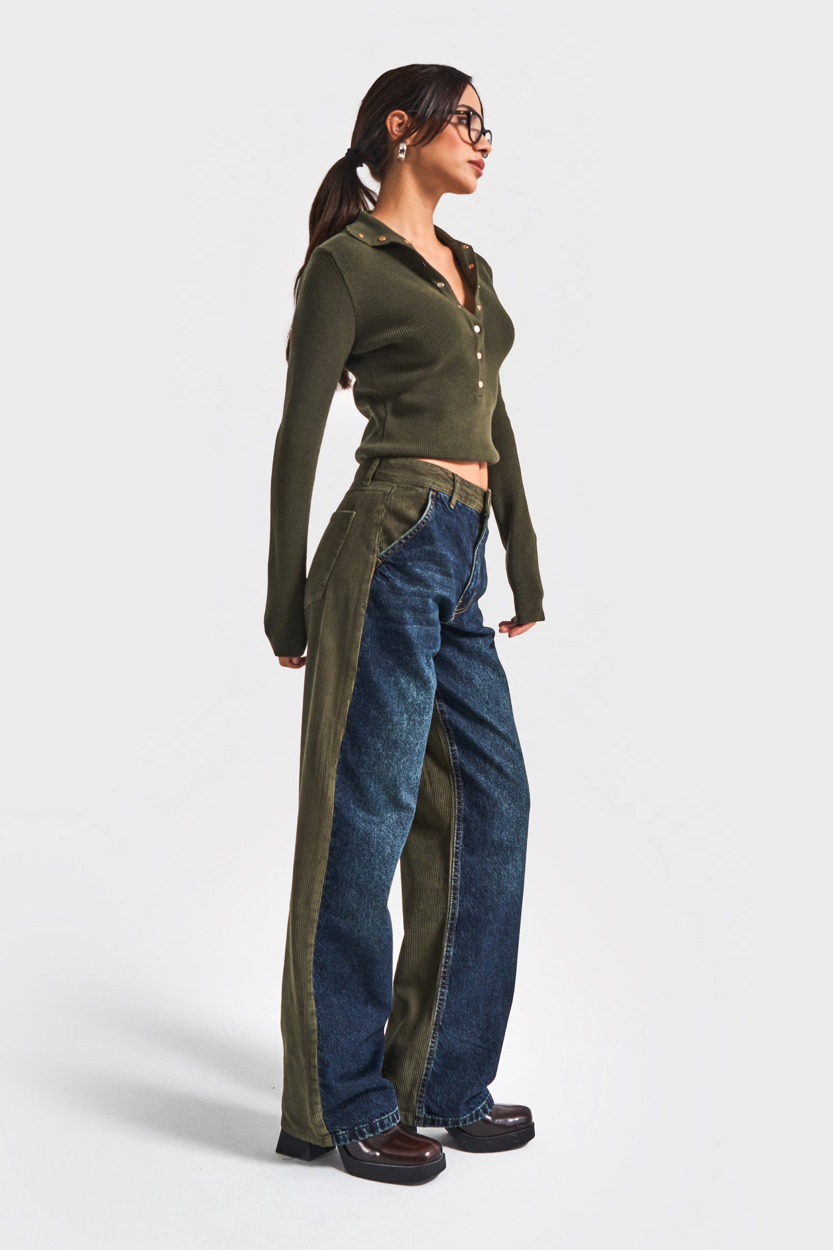 Kadın Haki Kot Rengi 2w5-31 Loose Fit Kadife Denim Kumaş Tasarım Denim Jean
