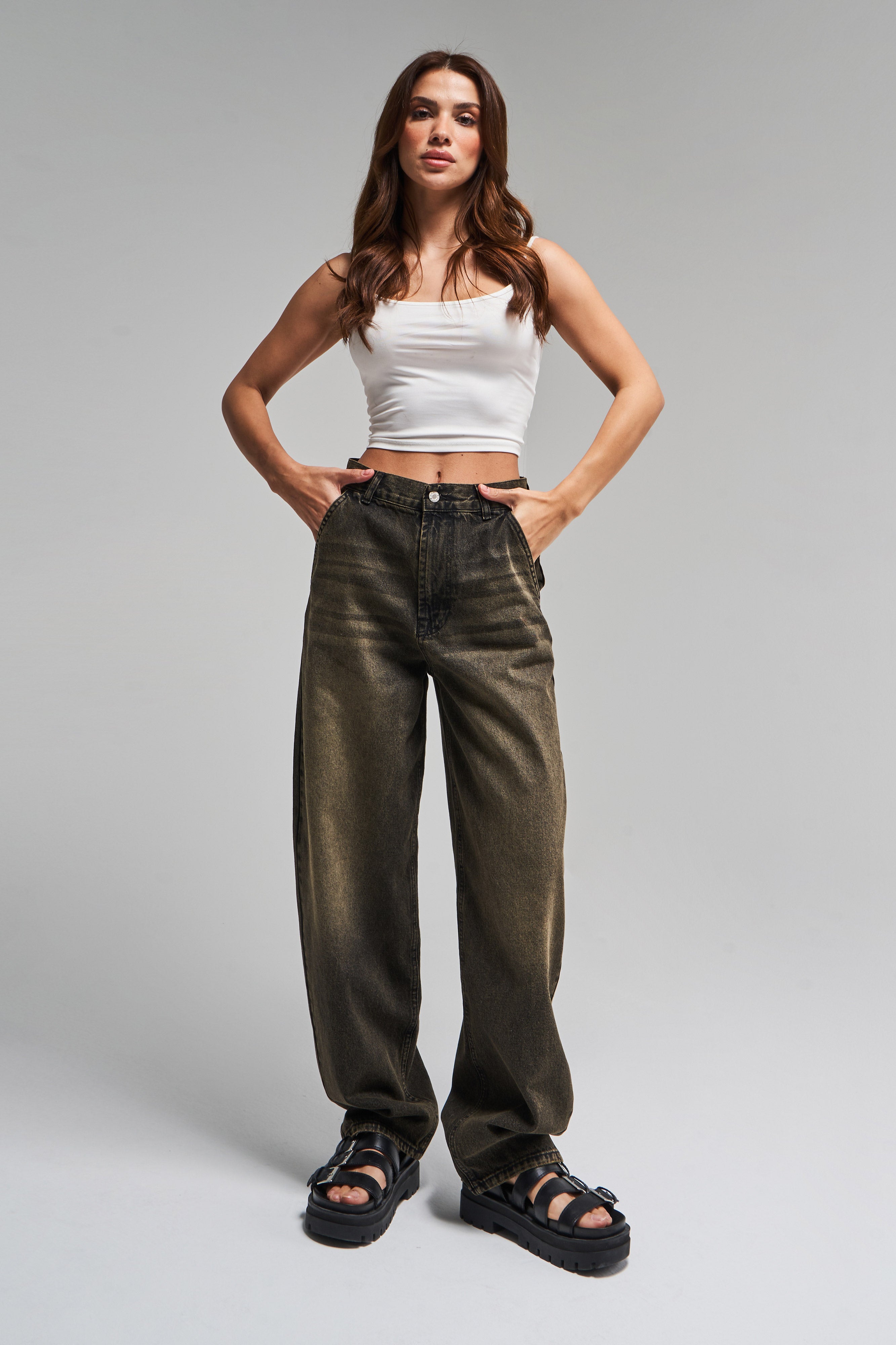 Kadın Haki Kot Rengi Juniper 4S5-86 Skater Fit Bol Kesim %100 Koton Orta Bel Denim Jean