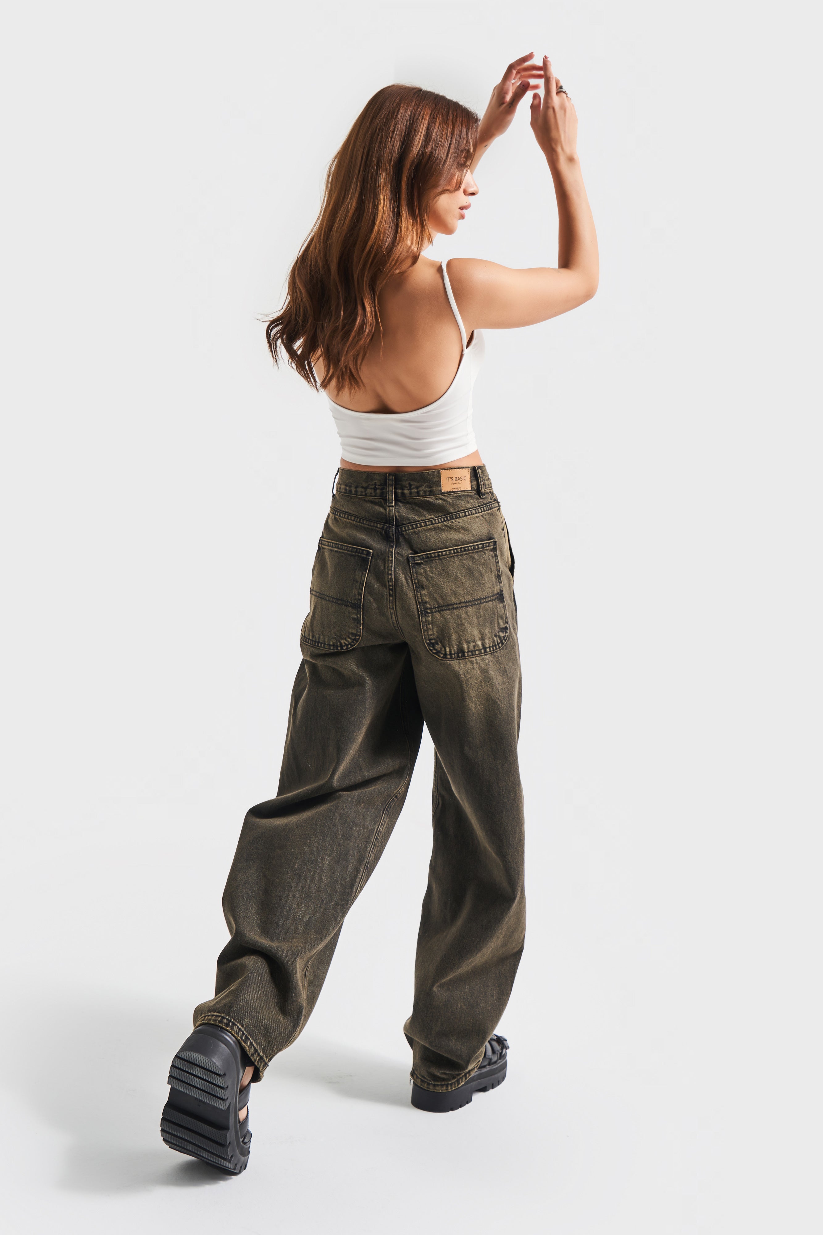 Kadın Haki Kot Rengi Juniper 4S5-86 Skater Fit Bol Kesim %100 Koton Orta Bel Denim Jean