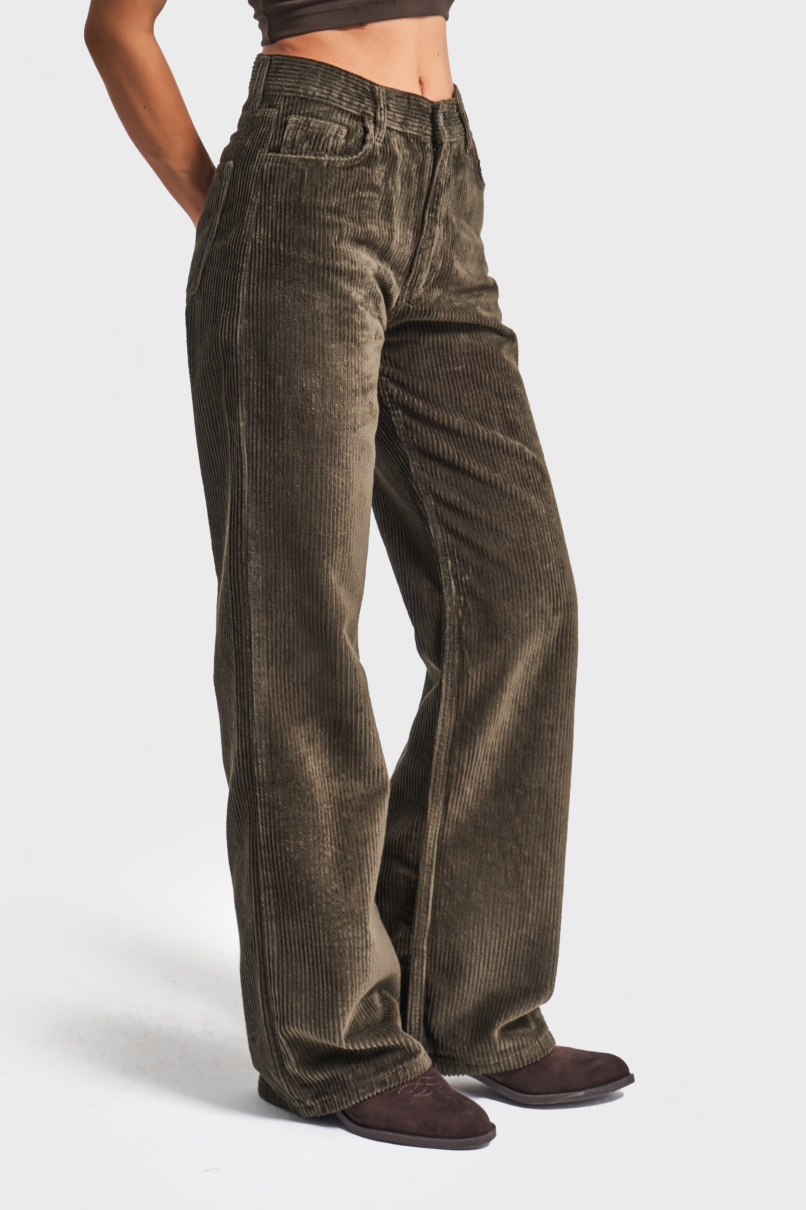 Kadın Haki Renk Doris 26w5-15 Straight Fit Yüksek Bel Kalın Fitilli Velvet Kadife Kumaş Pantolon