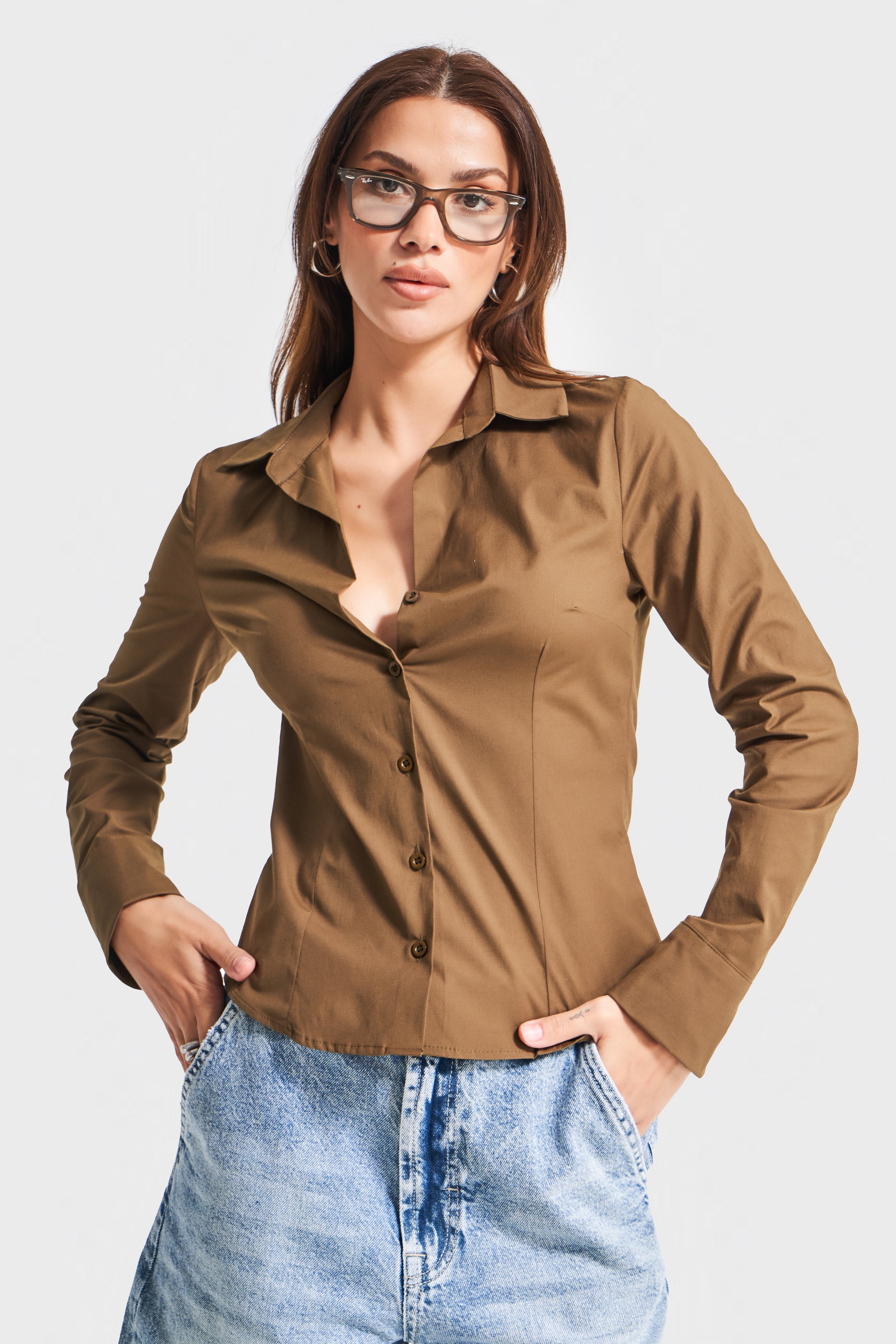 Kadın Haki Renk Esnek Kumaş Slim Fit Belden Oturmalı %100 Pamuk Gömlek