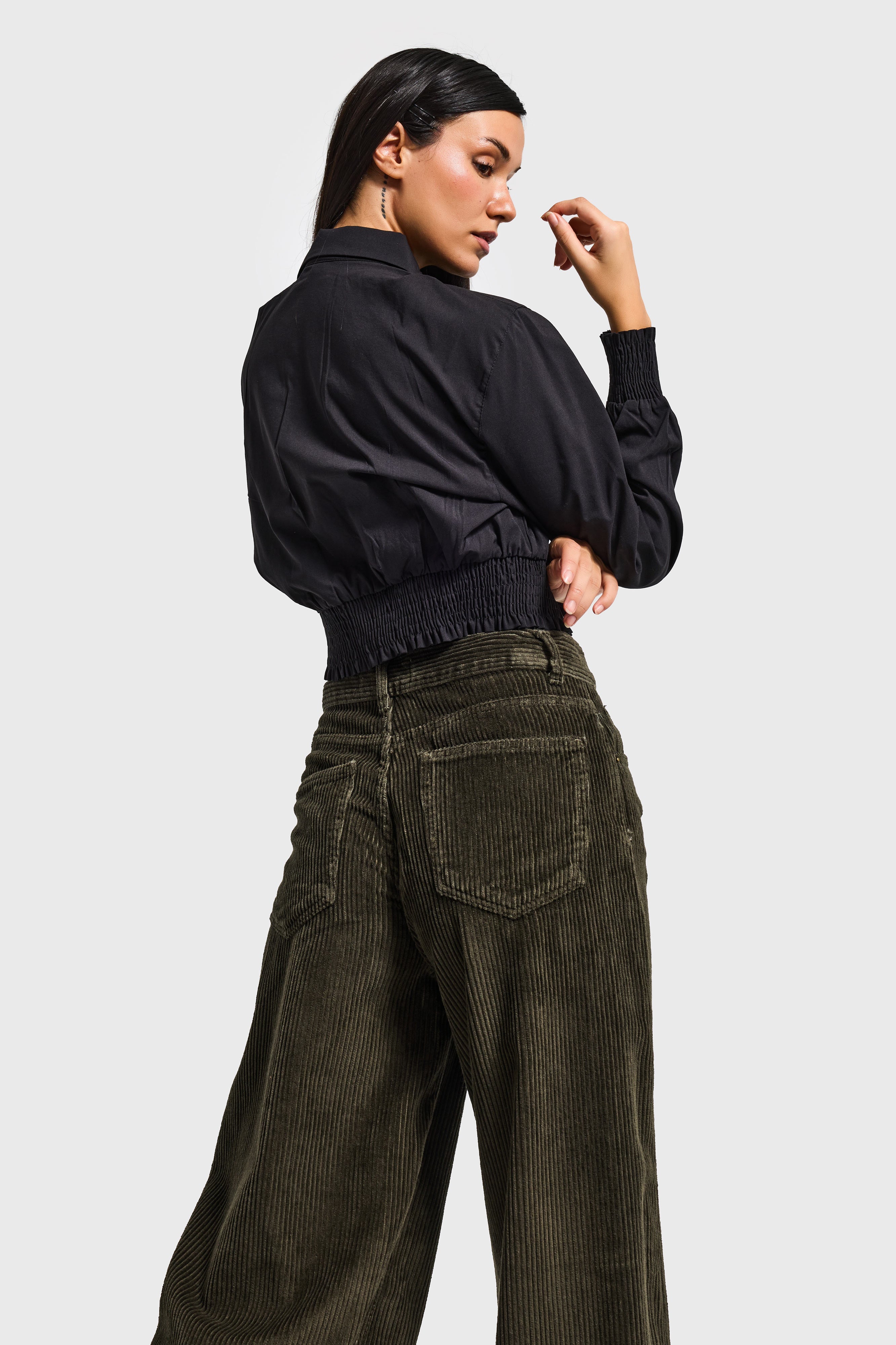 Kadın Haki Renk Hera 26w5-15 Palazzo Fit Kalın Fitilli Velvet Kadife Kumaş Pantolon