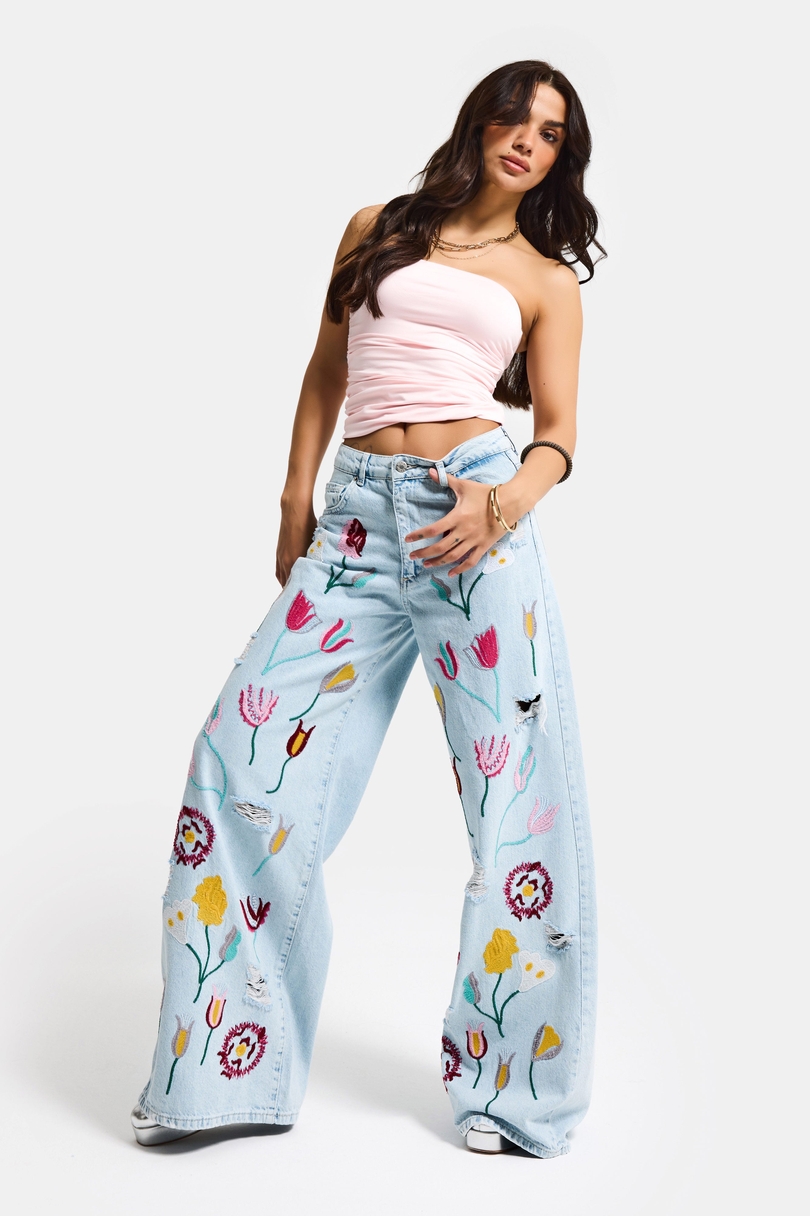 Kadın Ice 11s6-3 Palazzo Fit Gül Çiçek Nakış Detaylı Özel Tasarım Denim Jean