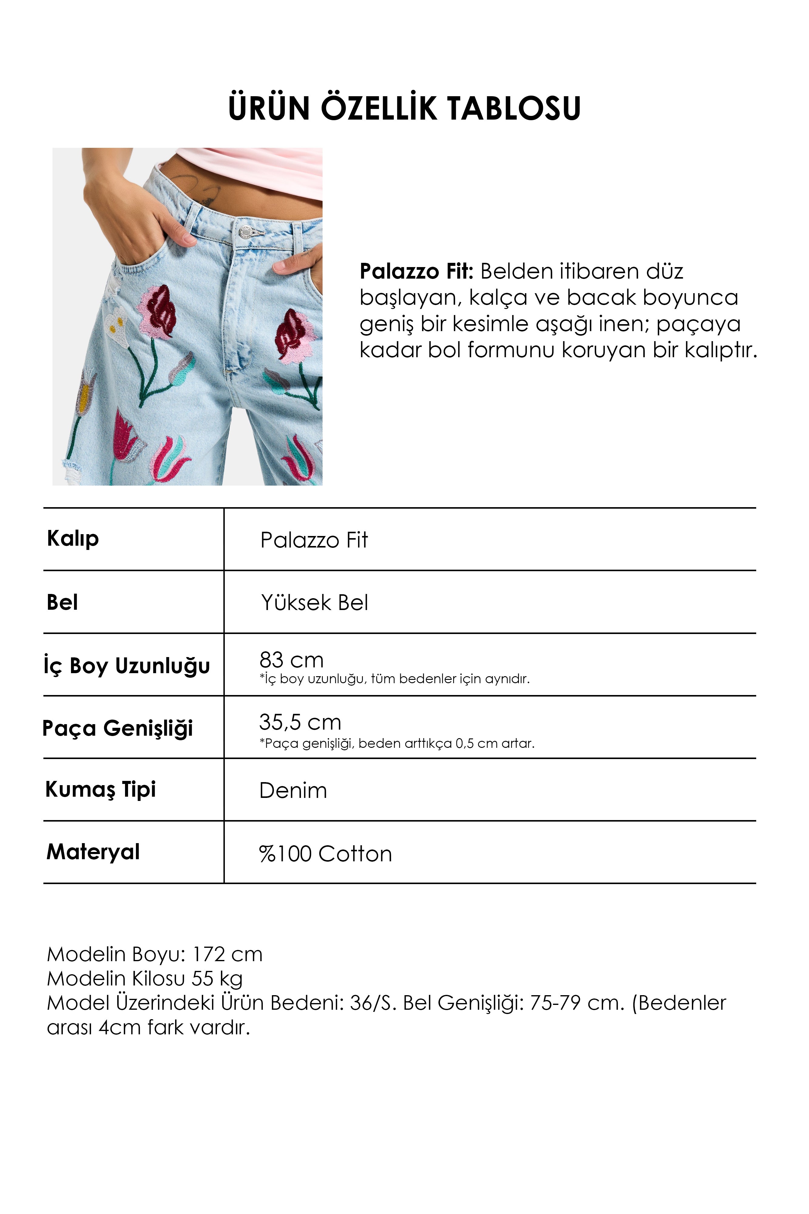 Kadın Ice 11s6-3 Palazzo Fit Gül Çiçek Nakış Detaylı Özel Tasarım Denim Jean