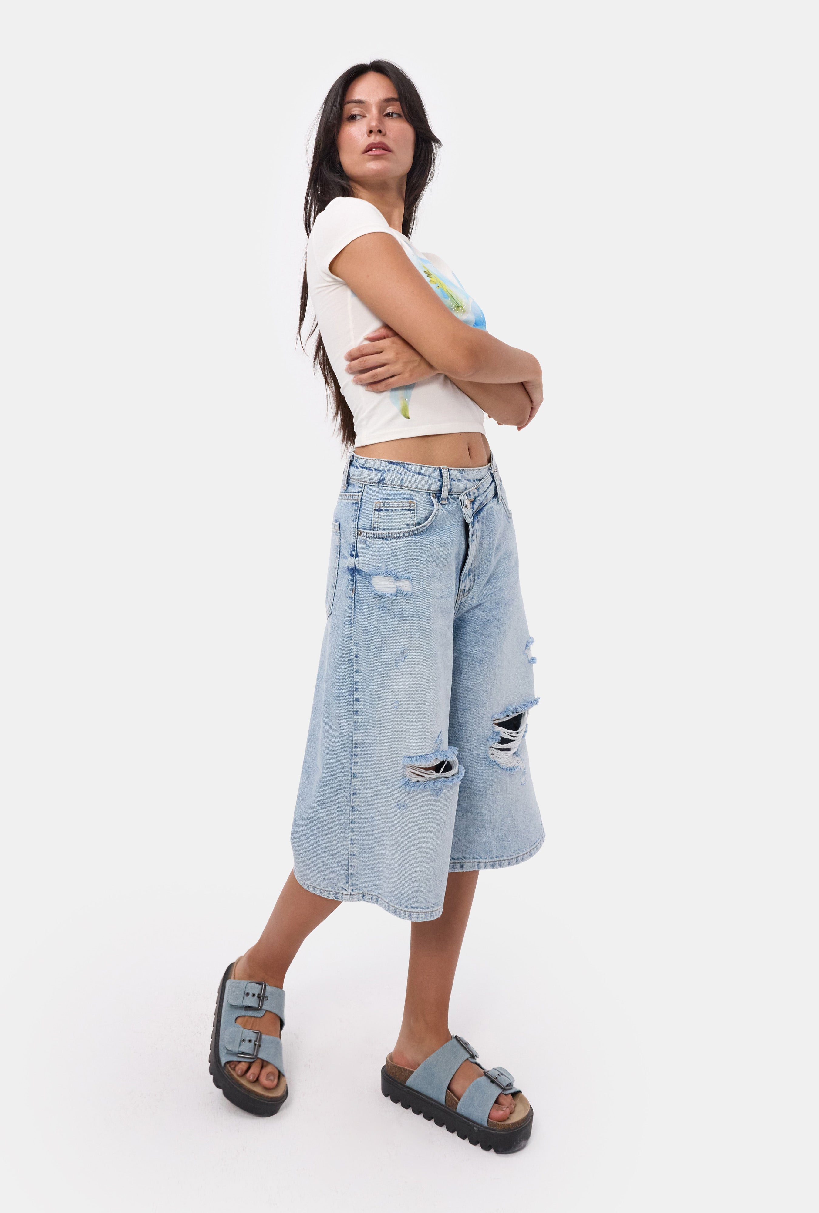 Kadın Ice 12s6-3 Kemer Detaylı Maxi Denim Bermuda Jort