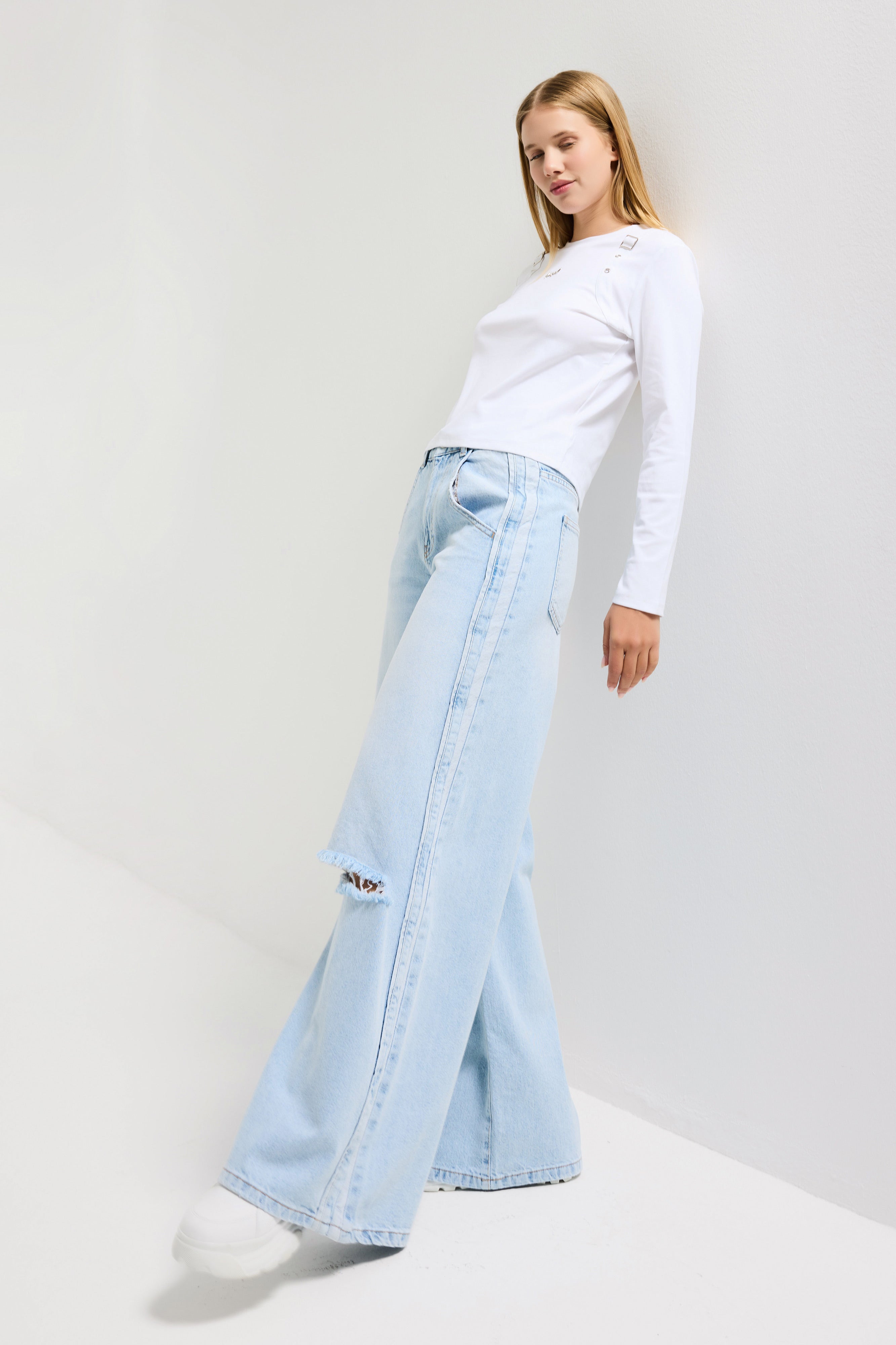 Kadın Ice 12s6-3 Palazzo Fit Yırtık Detaylı Tasarım Denim Jean