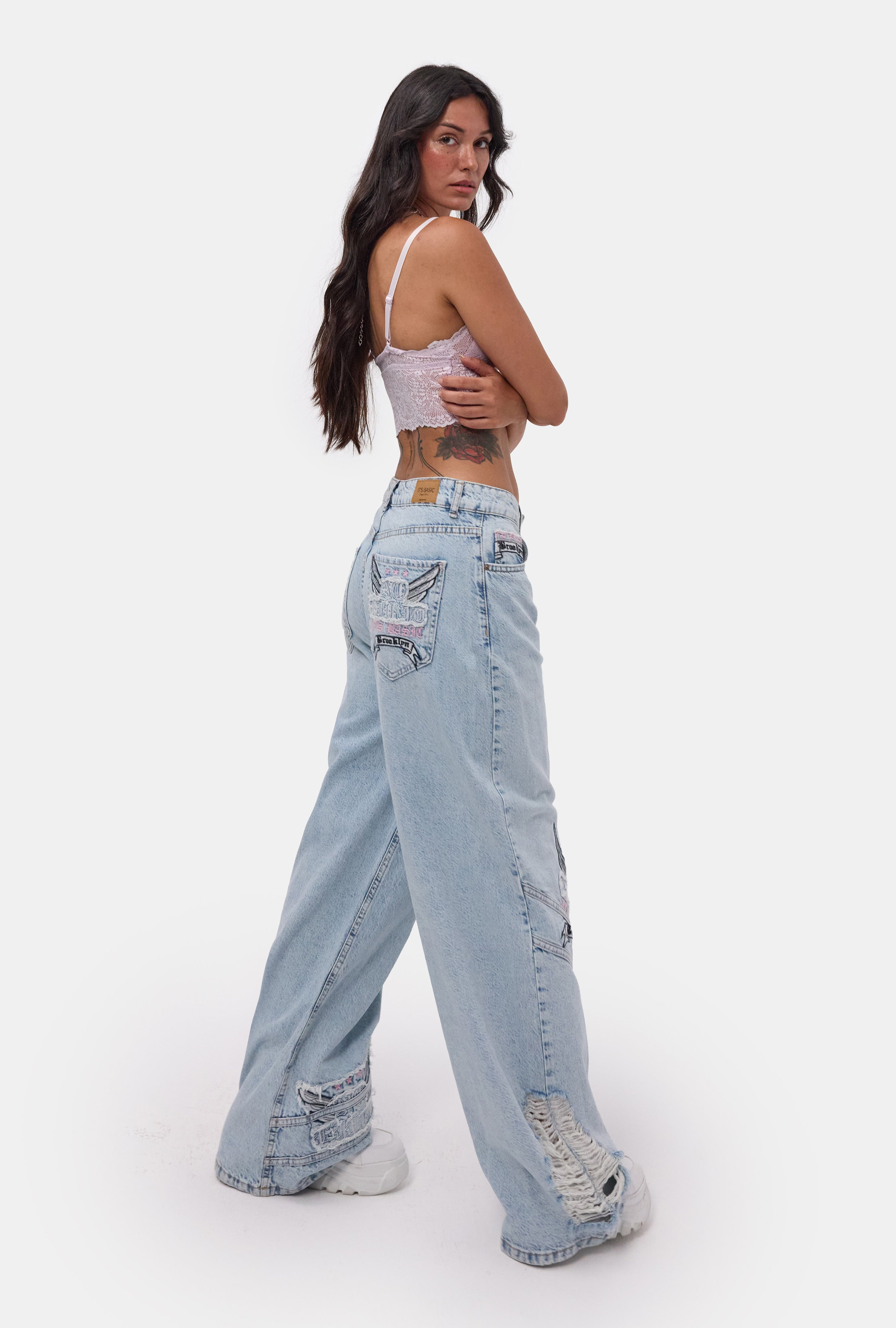 Kadın Ice 12s6-3 Süper Baggy Özel Nakışlı Tasarım Denim Jean