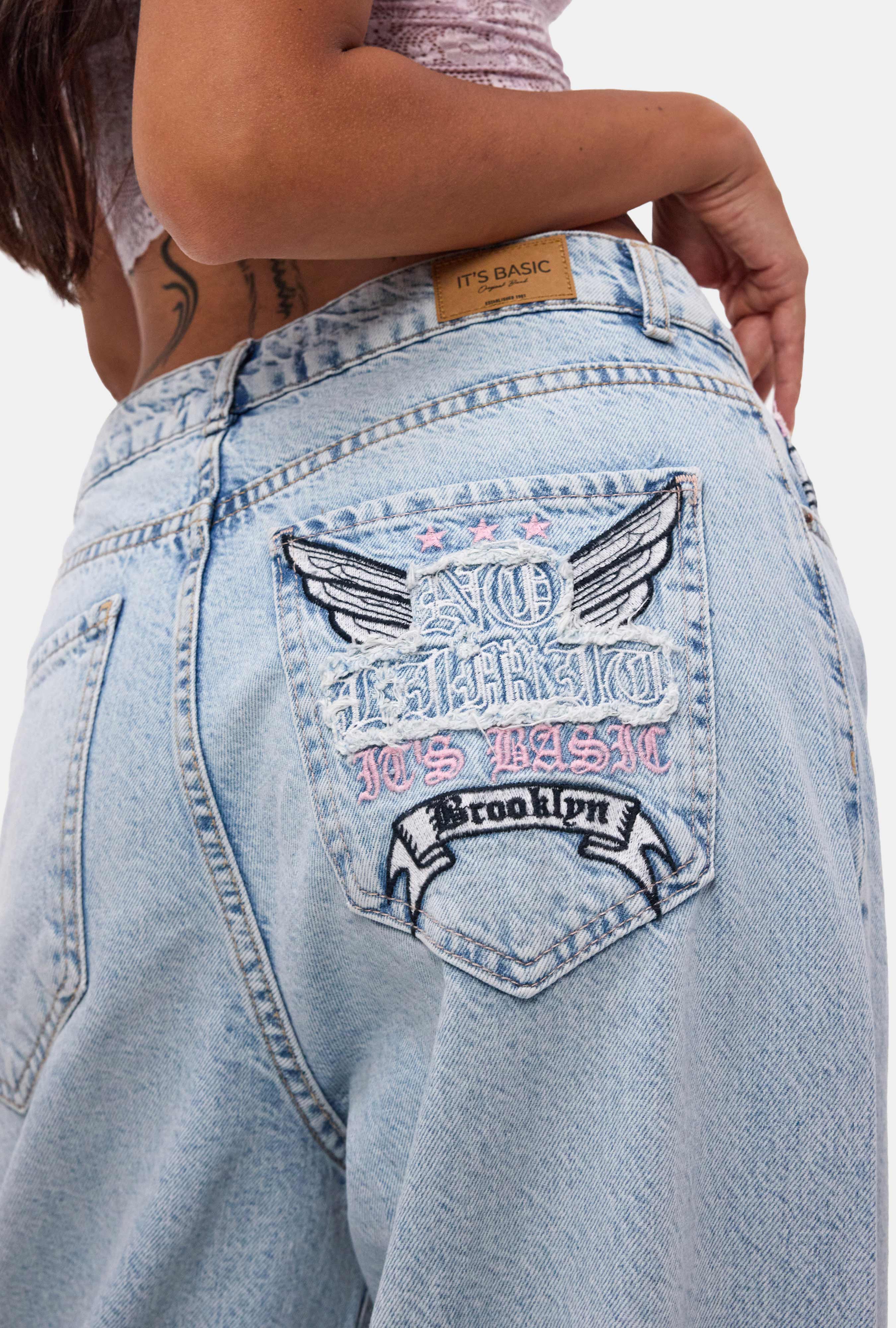 Kadın Ice 12s6-3 Süper Baggy Özel Nakışlı Tasarım Denim Jean