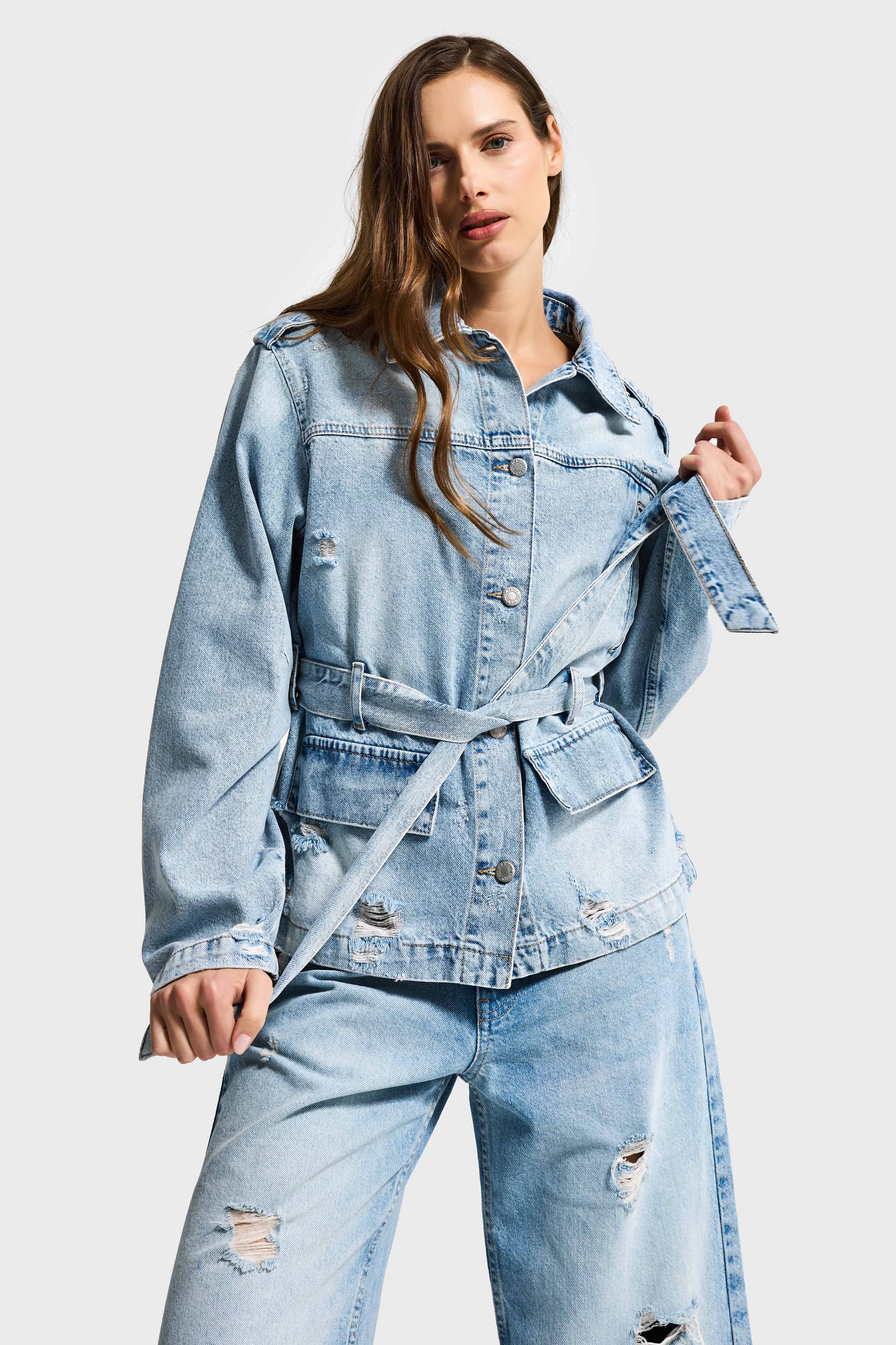 Kadın Ice 12s6-32 Oversize Kemer Detaylı Yırtık %100 Koton Denim Ceket