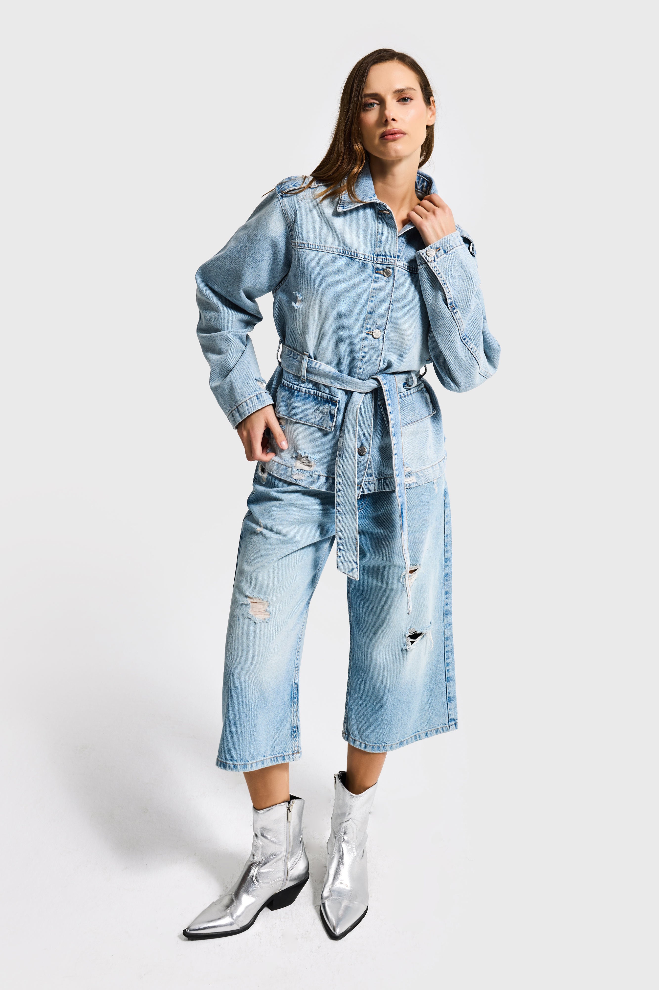 Kadın Ice 12s6-32 Oversize Kemer Detaylı Yırtık %100 Koton Denim Ceket