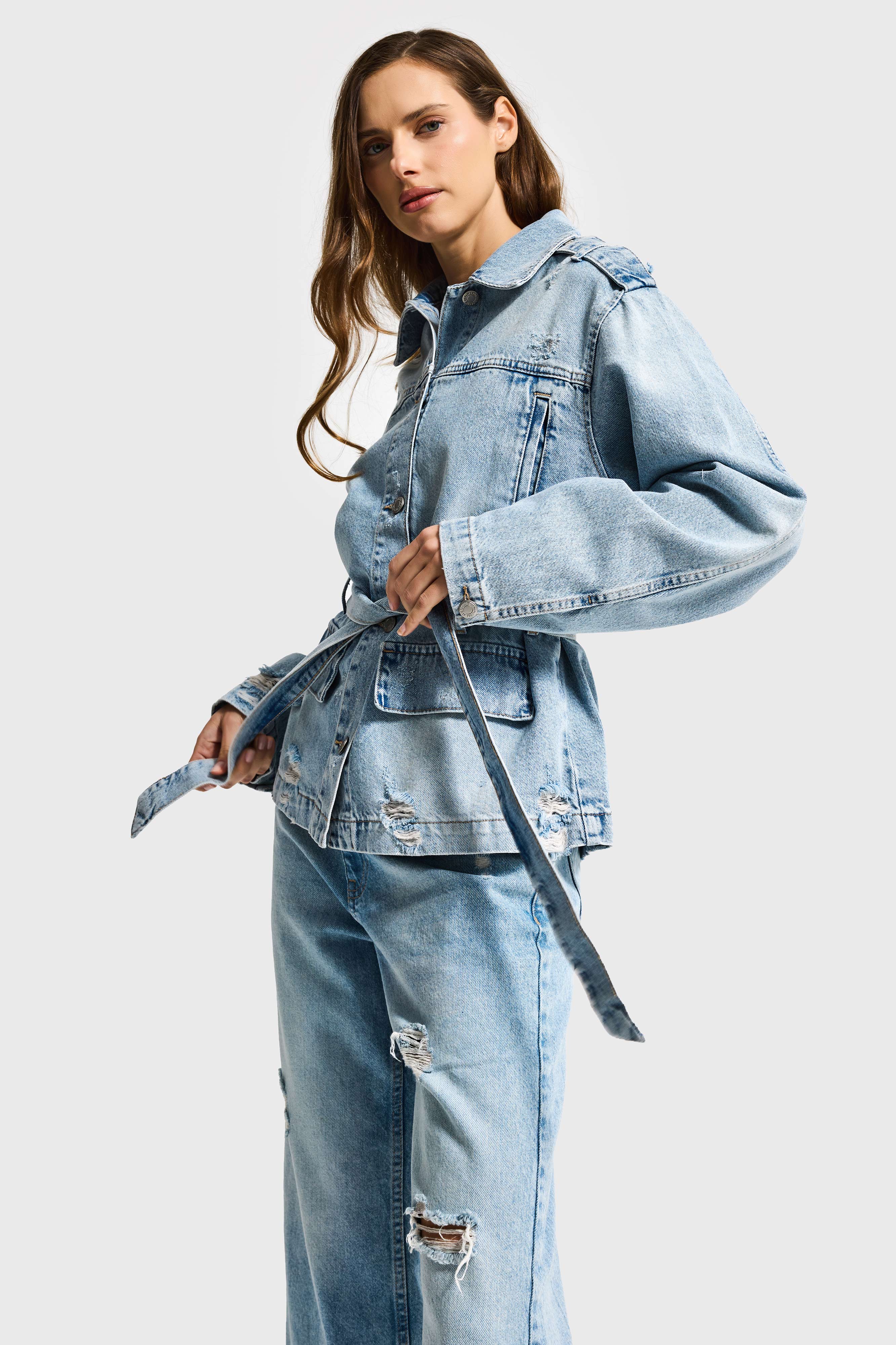 Kadın Ice 12s6-32 Oversize Kemer Detaylı Yırtık %100 Koton Denim Ceket