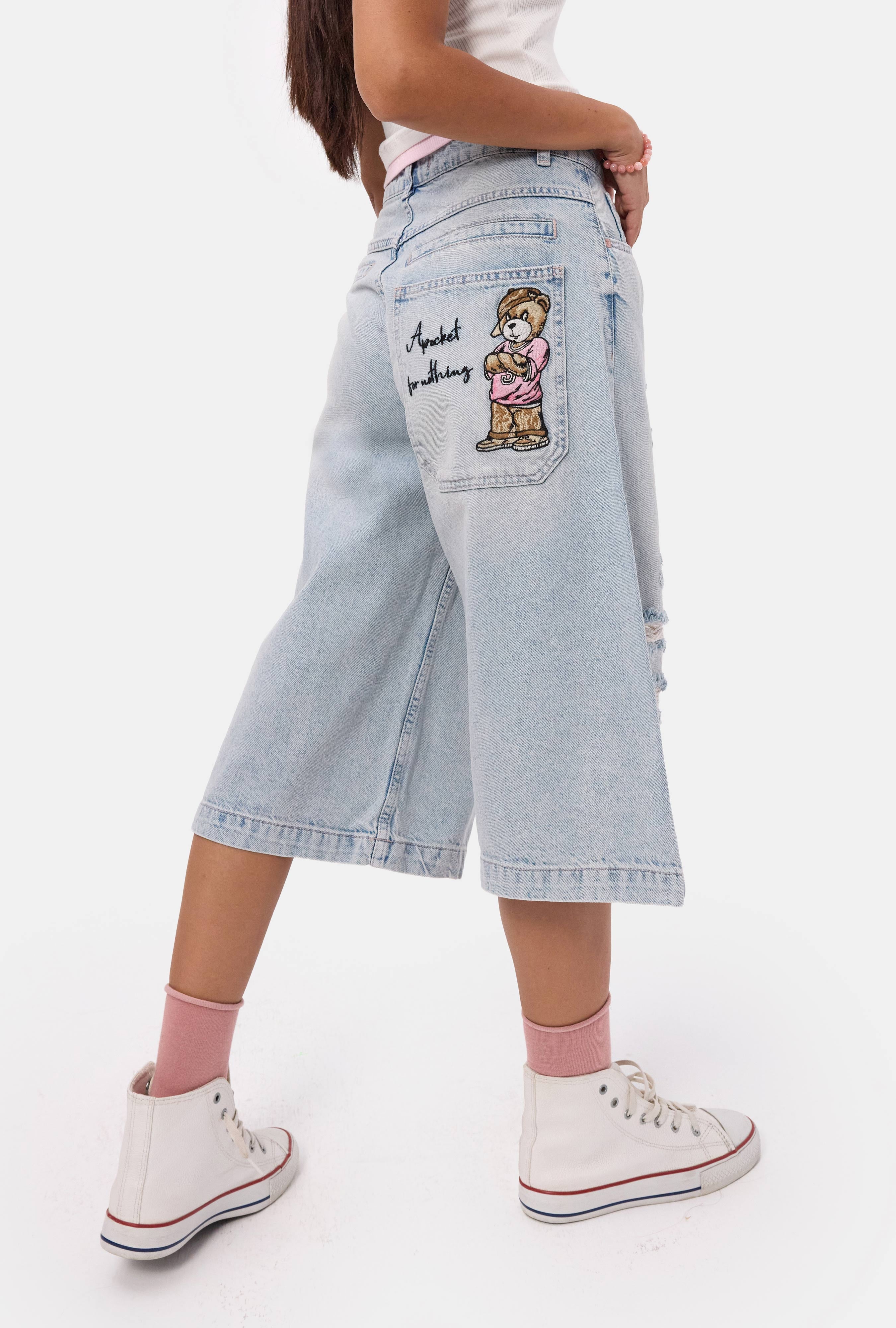 Kadın Ice 12s6-89 Baggy Fit Maxi Denim Tasarım Bermuda Şort