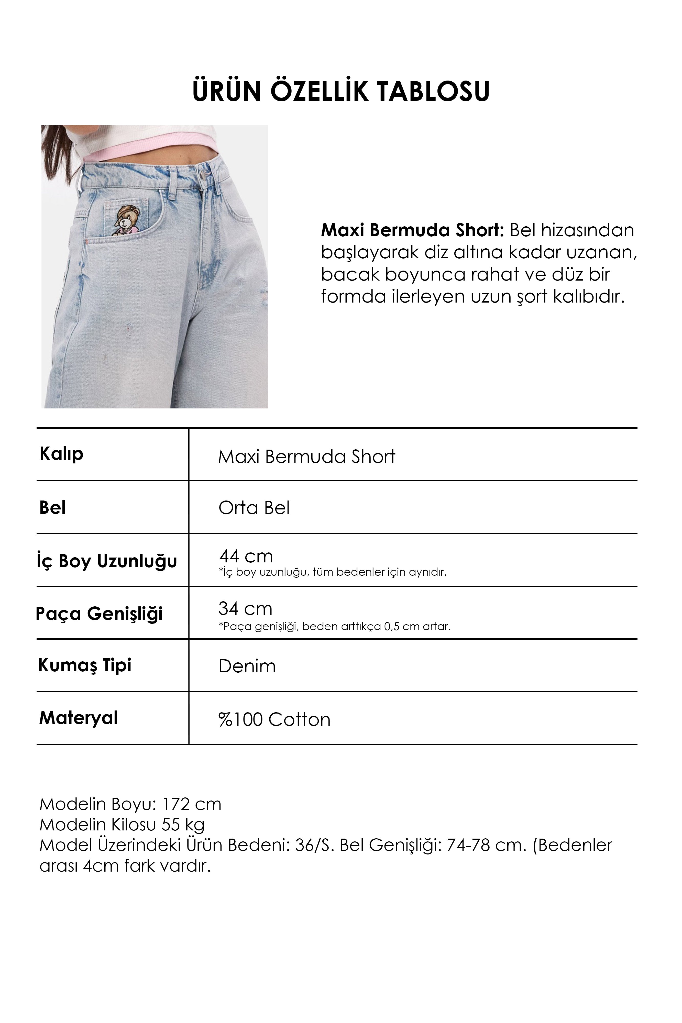 Kadın Ice 12s6-89 Baggy Fit Maxi Denim Tasarım Bermuda Şort