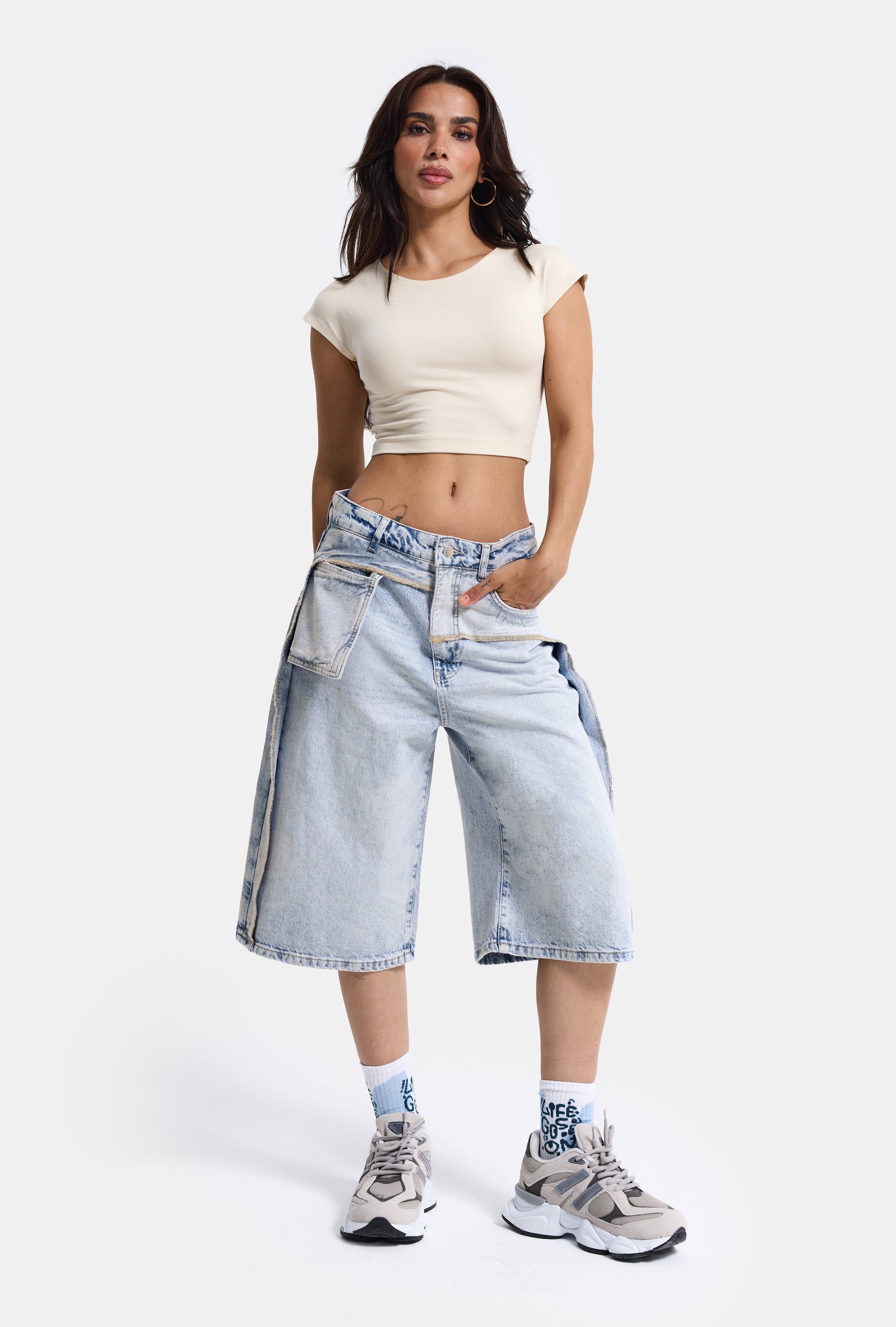 Kadın Ice 4s6-3 Maxi Baggy Bermuda Tasarım Denim Jort
