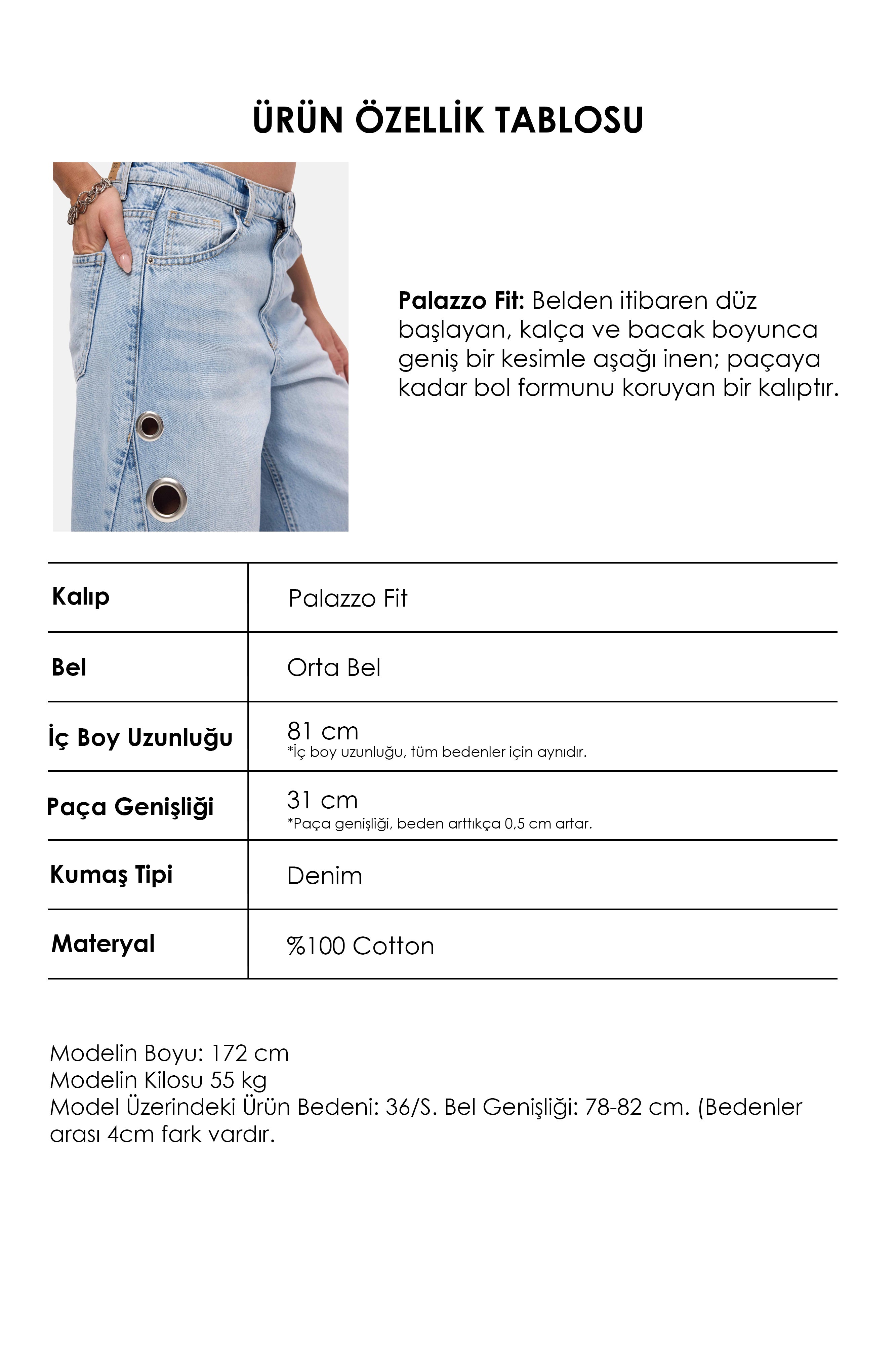 Kadın Ice 4s6-3 Palazzo Fit Kuş Gözü Detaylı Tasarım Denim Jean