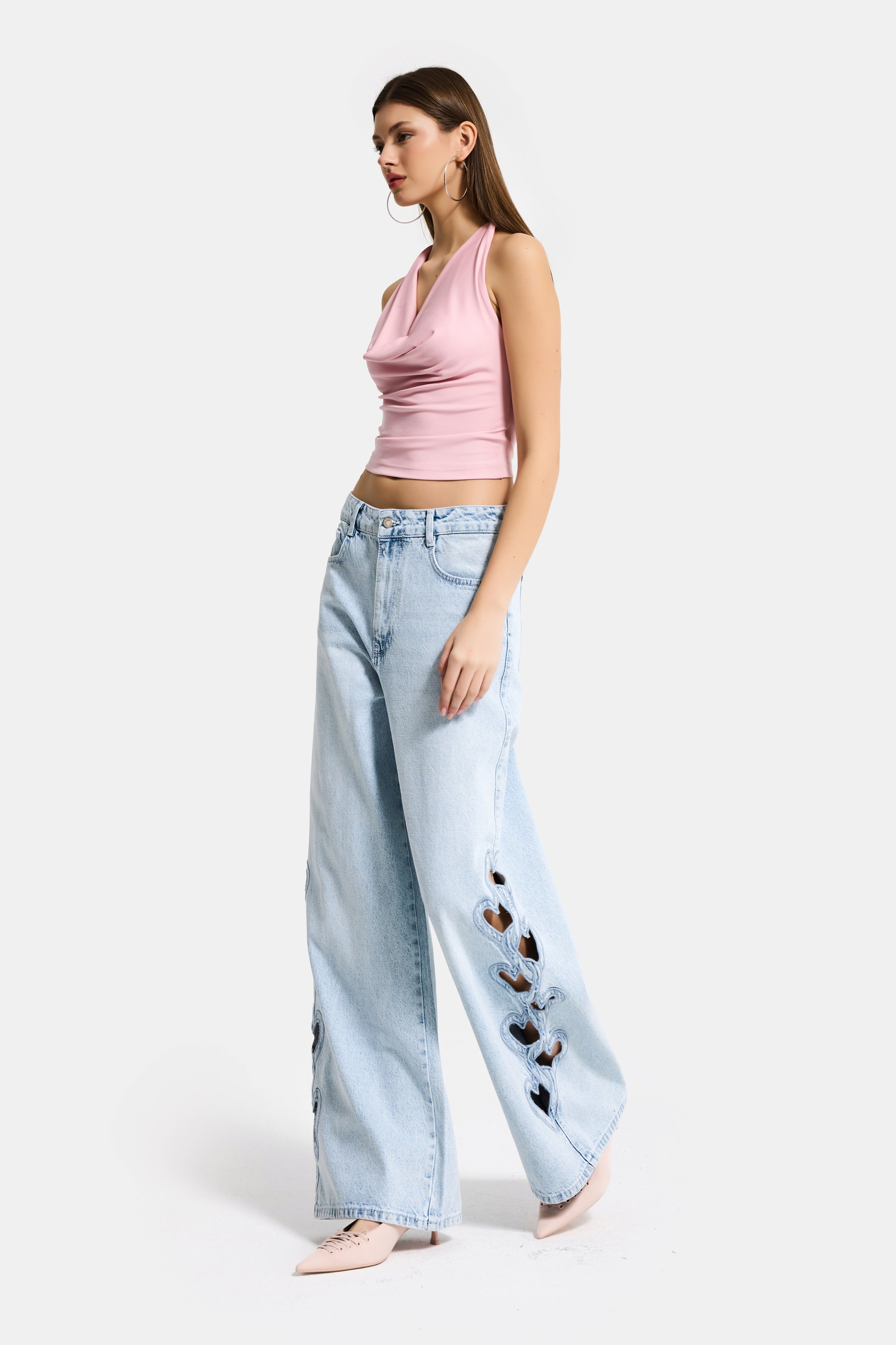 Kadın Ice 4s6-3 Süper Baggy Kalp Nakış Detaylı Özel Tasarım Denim Jean