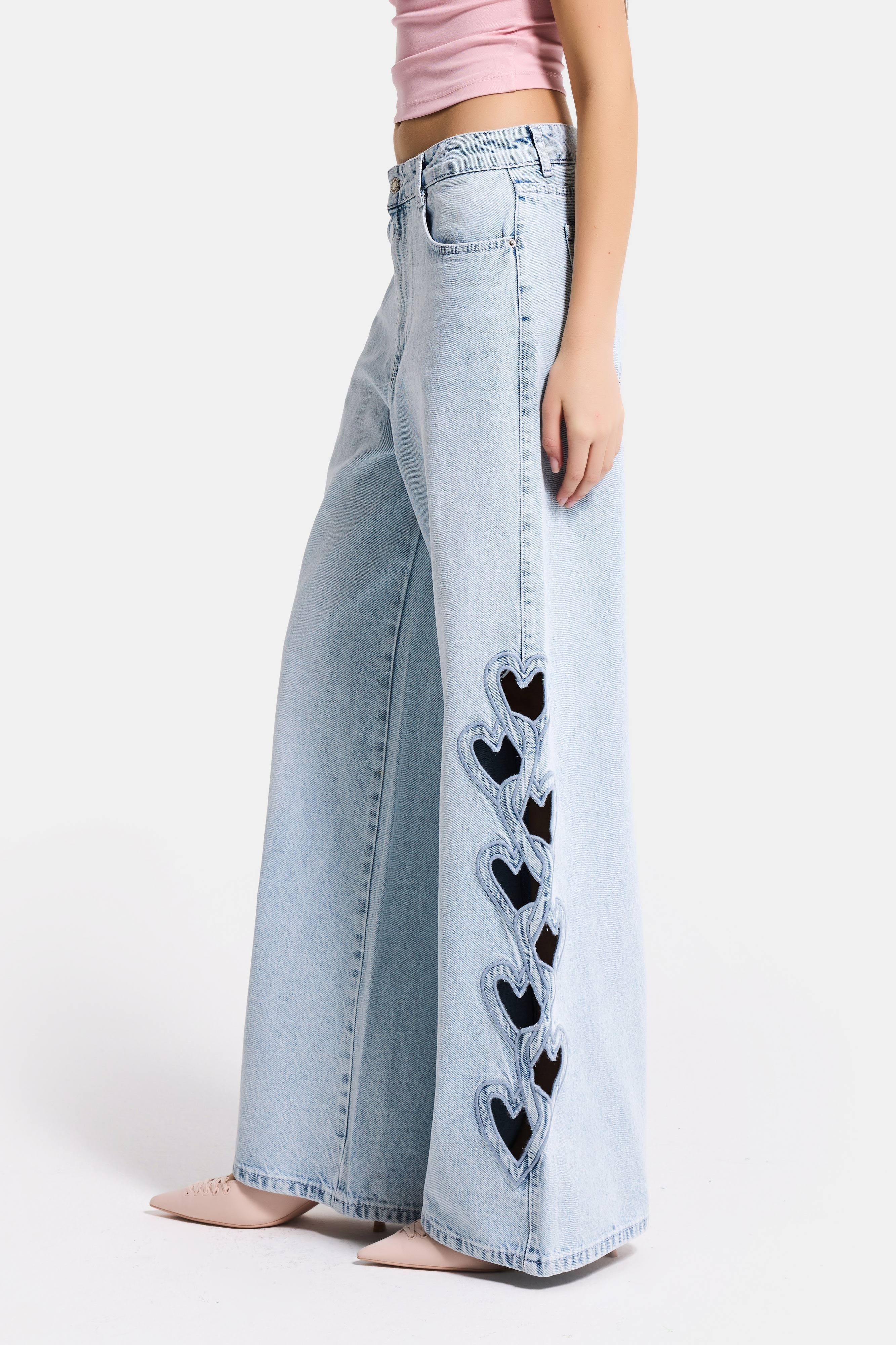 Kadın Ice 4s6-3 Süper Baggy Kalp Nakış Detaylı Özel Tasarım Denim Jean