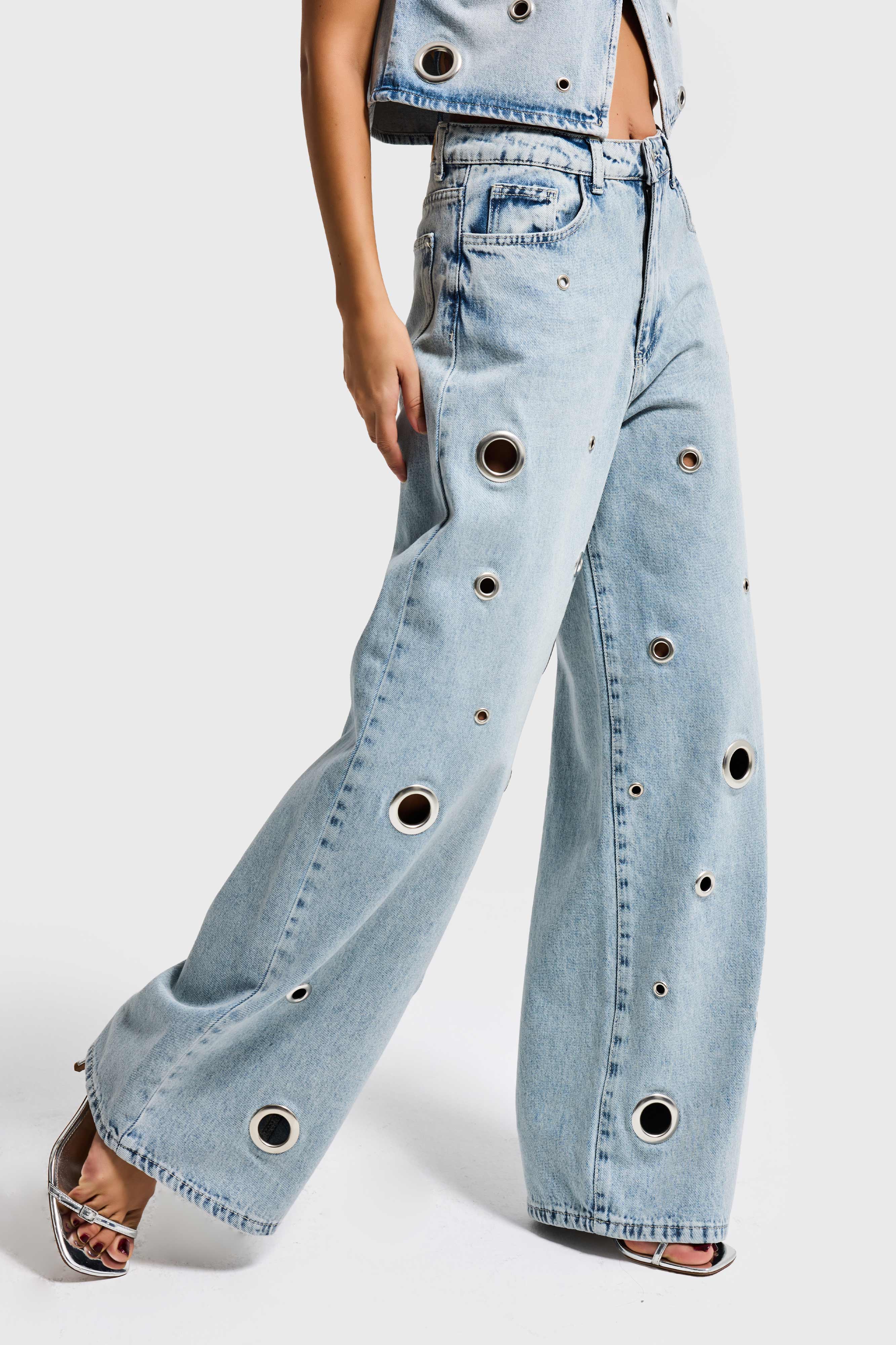 Kadın Ice 4s6-65 Baggy Fit Kuş Gözü Detaylı Özel Tasarım Denim Jean