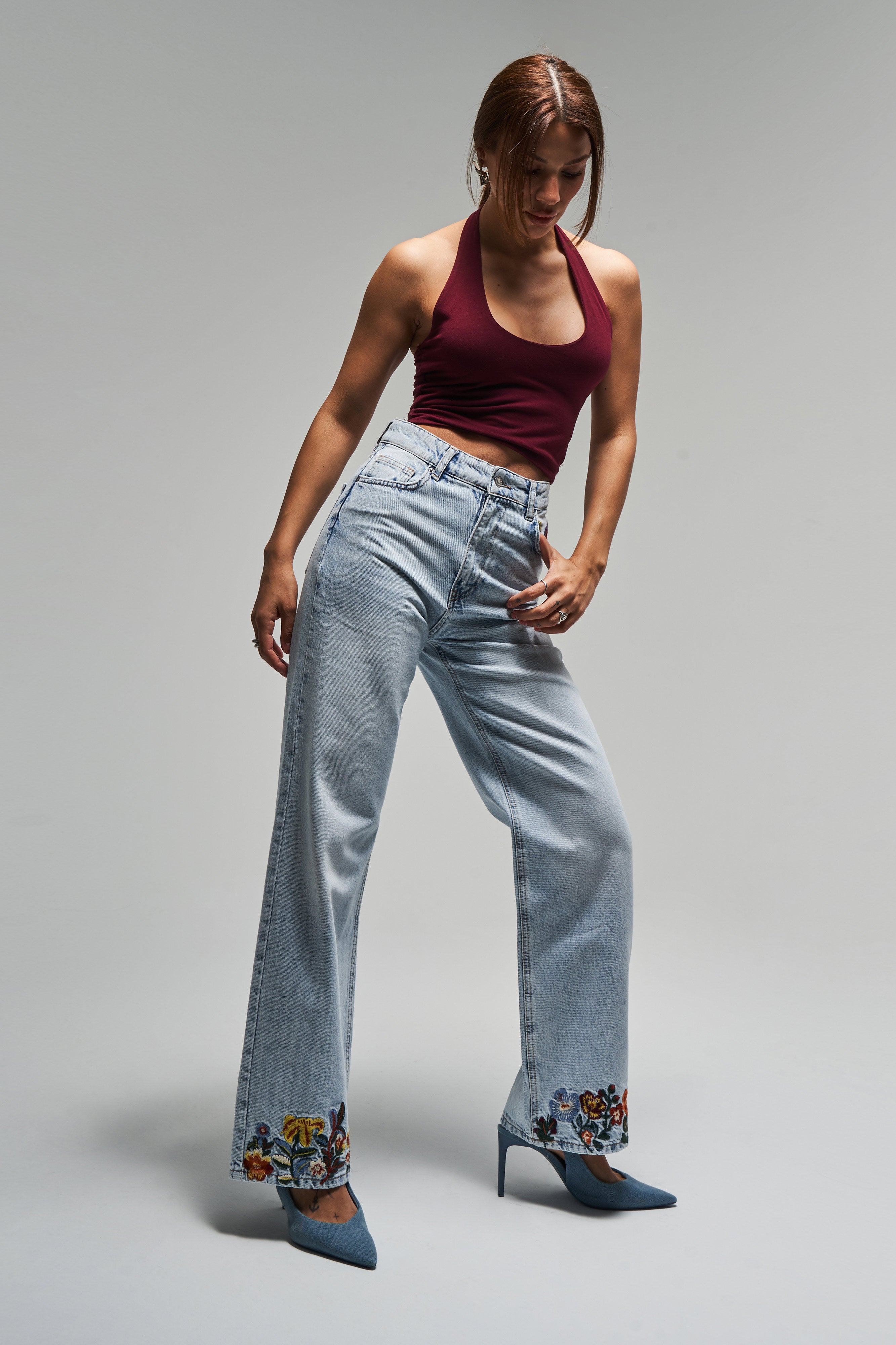 Kadın Ice Kot Rengi 4s5-3 Straight Fit Çiçek Nakışlı %100 Koton İç Boy 80 Cm Tasarım Denim Jean