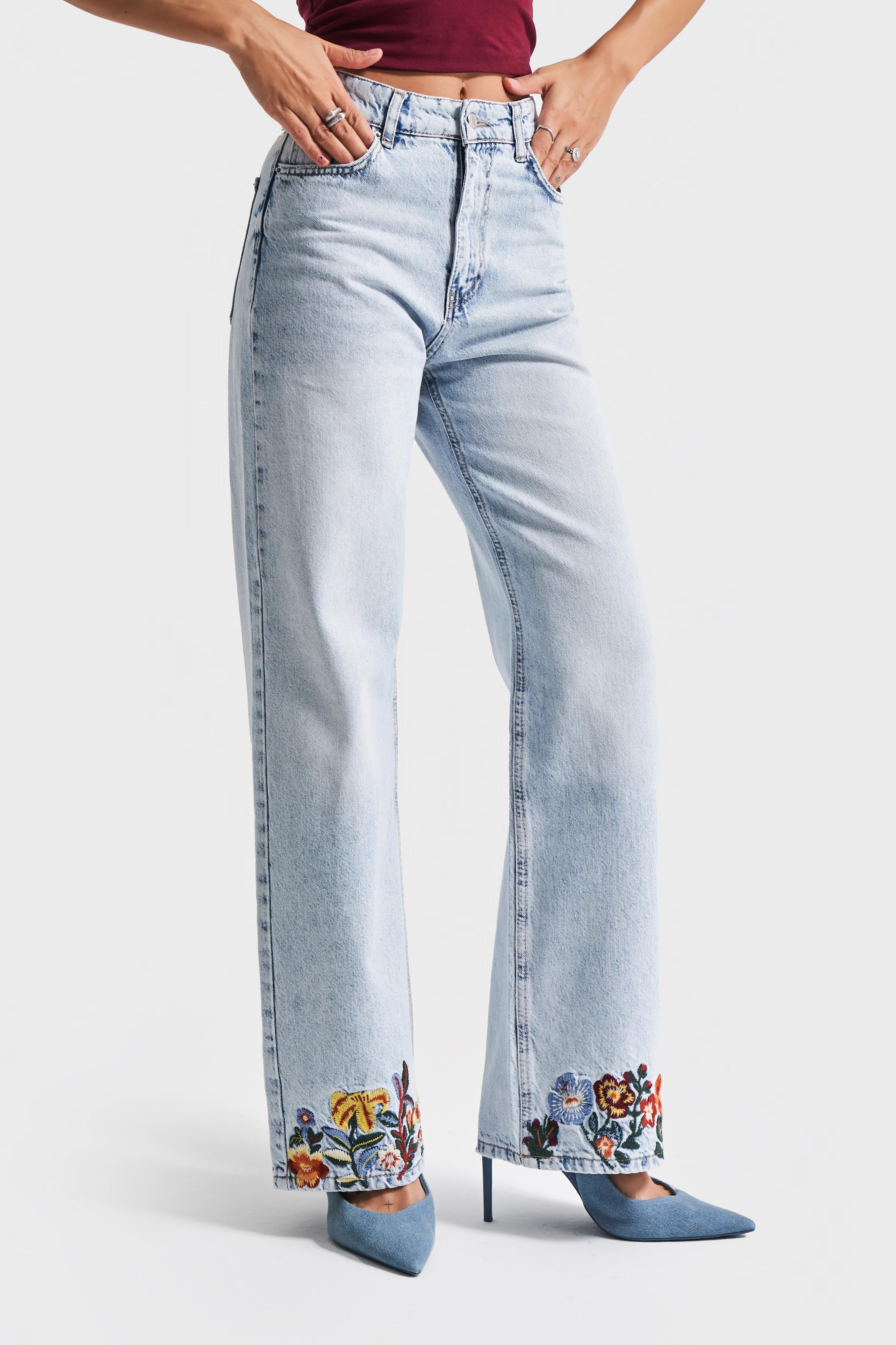 Kadın Ice Kot Rengi 4s5-3 Straight Fit Çiçek Nakışlı %100 Koton İç Boy 80 Cm Tasarım Denim Jean