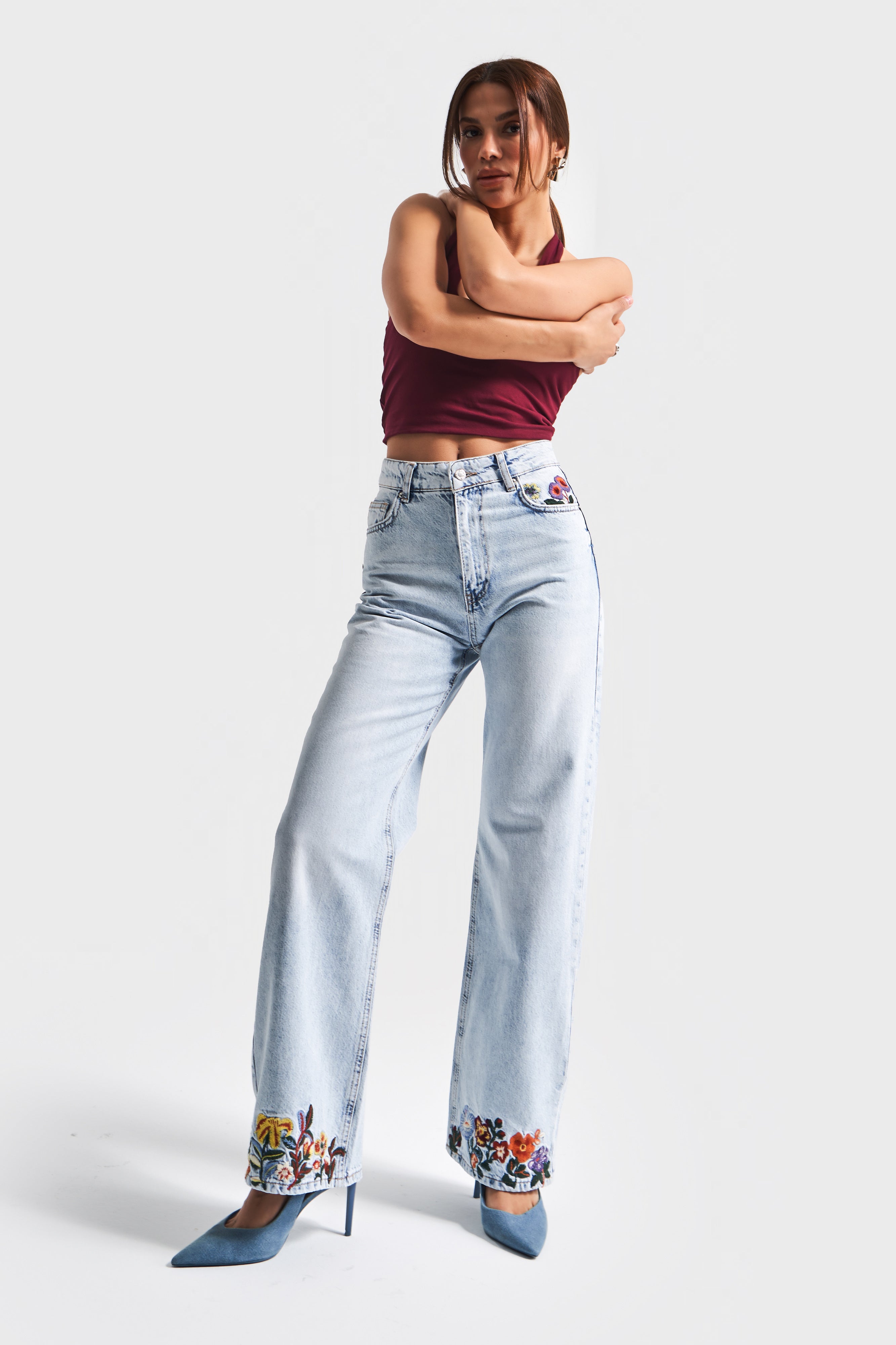 Женские джинсы Ice, цвет 4s5-3, прямой крой, цветочная вышивка, 100% хлопок, внутренняя длина 80 см, дизайн джинсовой ткани