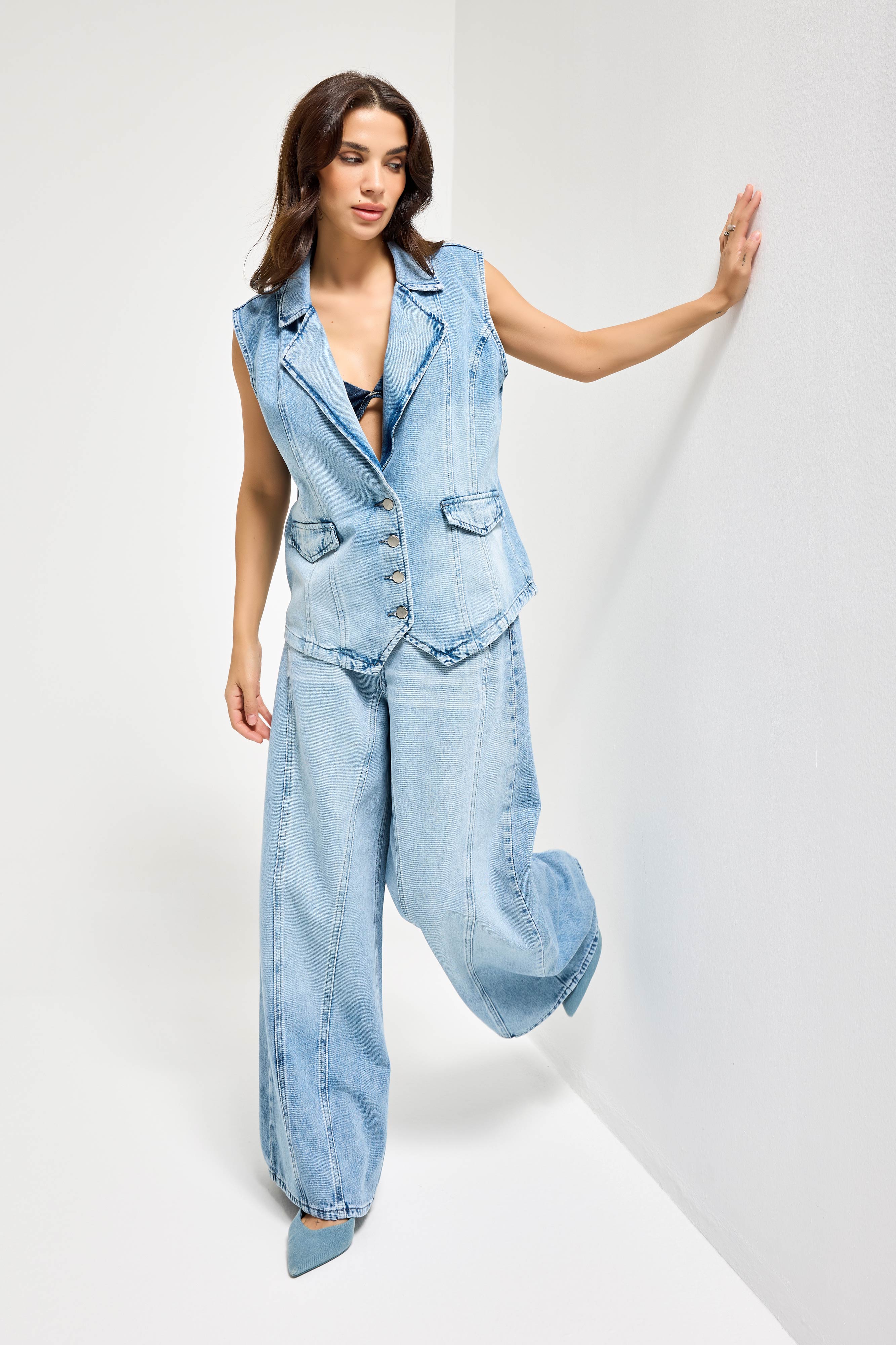 Kadın Ice Kot Rengi 4s6-27 Önü Düğmeli Yakalı Sıfır Kol Maxi Boy Denim Yelek