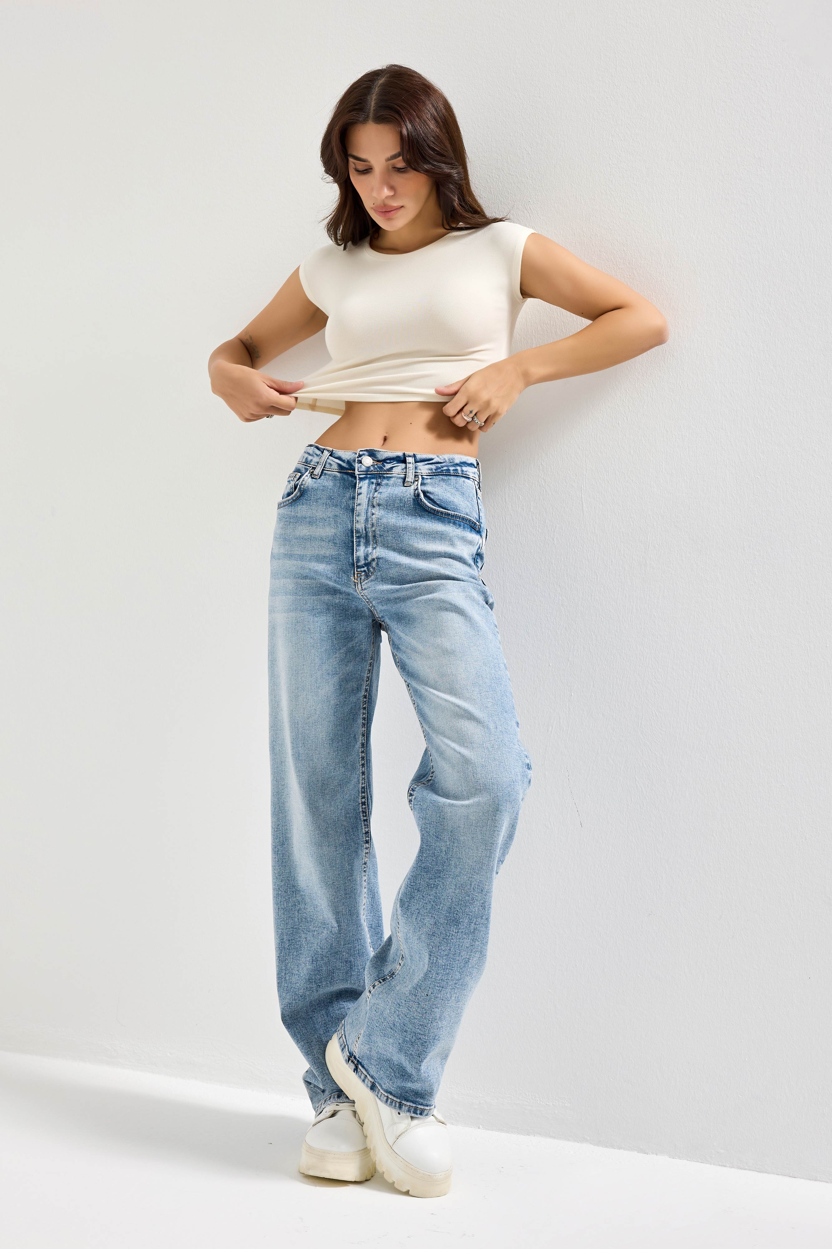 Kadın Ice Kot Rengi 4s6-99 Straight Fit Yüksek Bel Elastan Kumaş Denim Jean