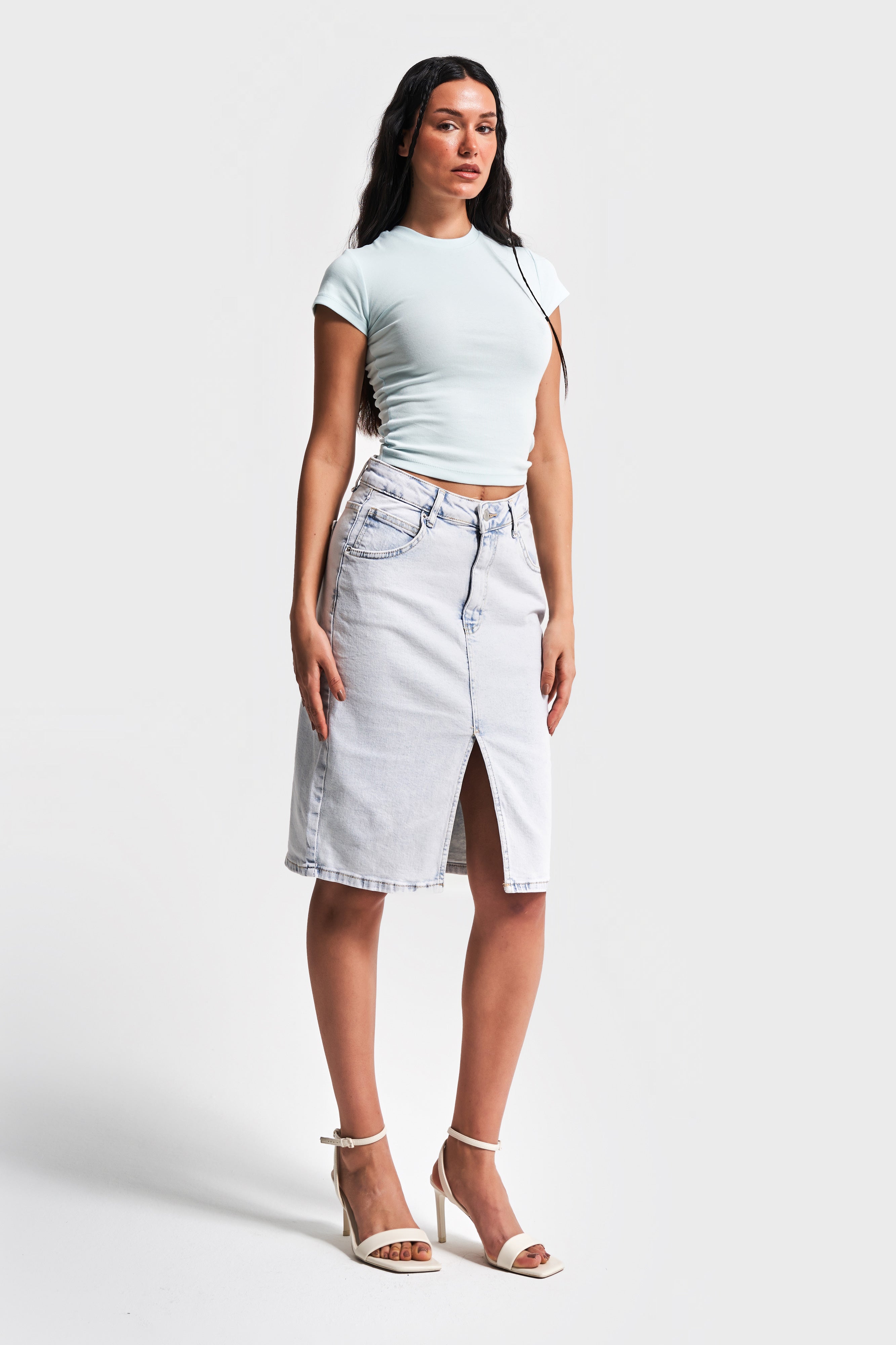 Women's Denim Color Flexible Fabric Front Slit Midi Length Denim Skirt
