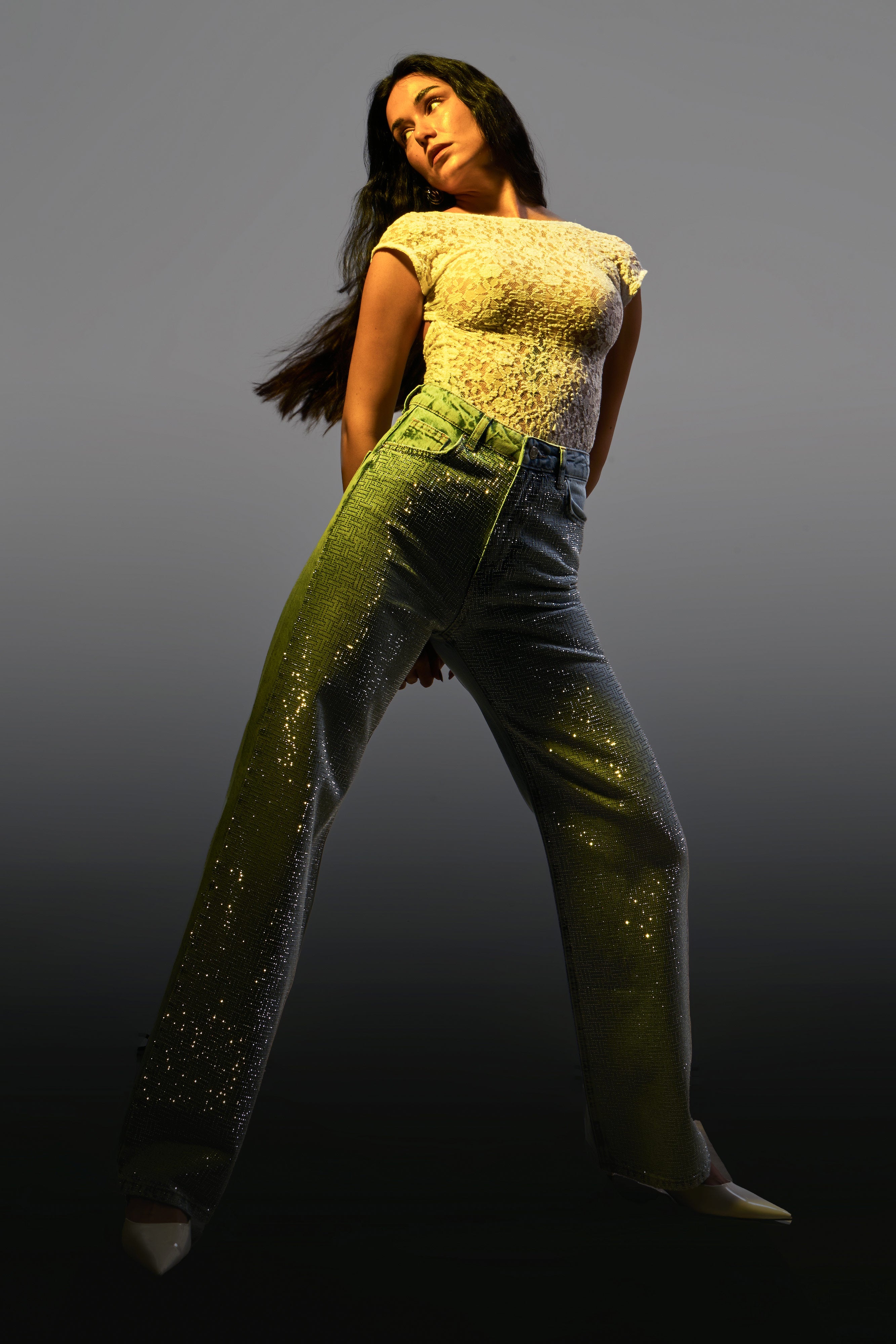 Женские джинсы Ice Jeans Color T-4S5-3, прямой крой, высокая талия, блестящий каменистый дизайн