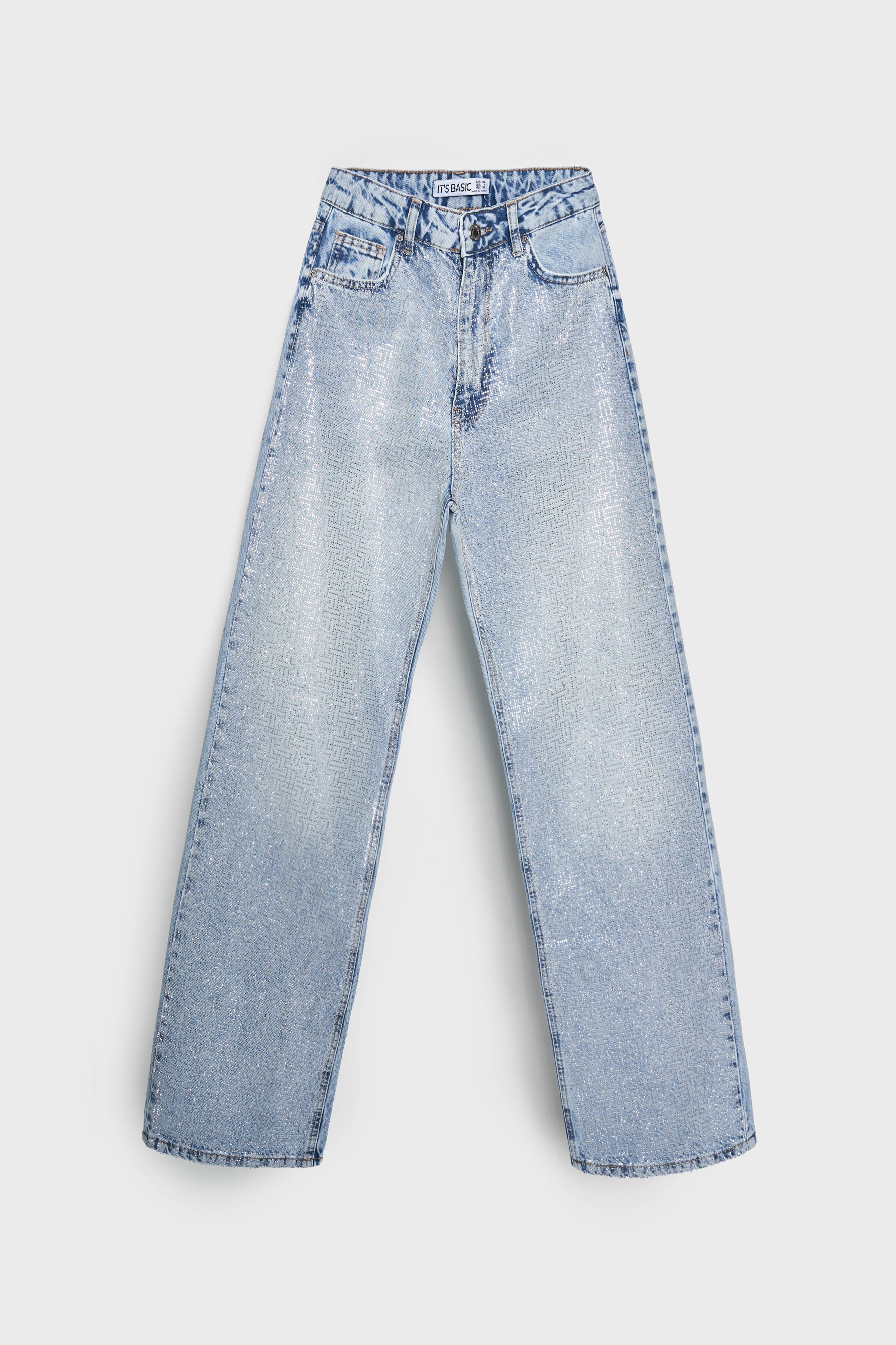 Kadın Ice Kot Rengi T-4S5-3 Straight Fit Yüksek Bel Parlak Taşlı Tasarım Denim Jean