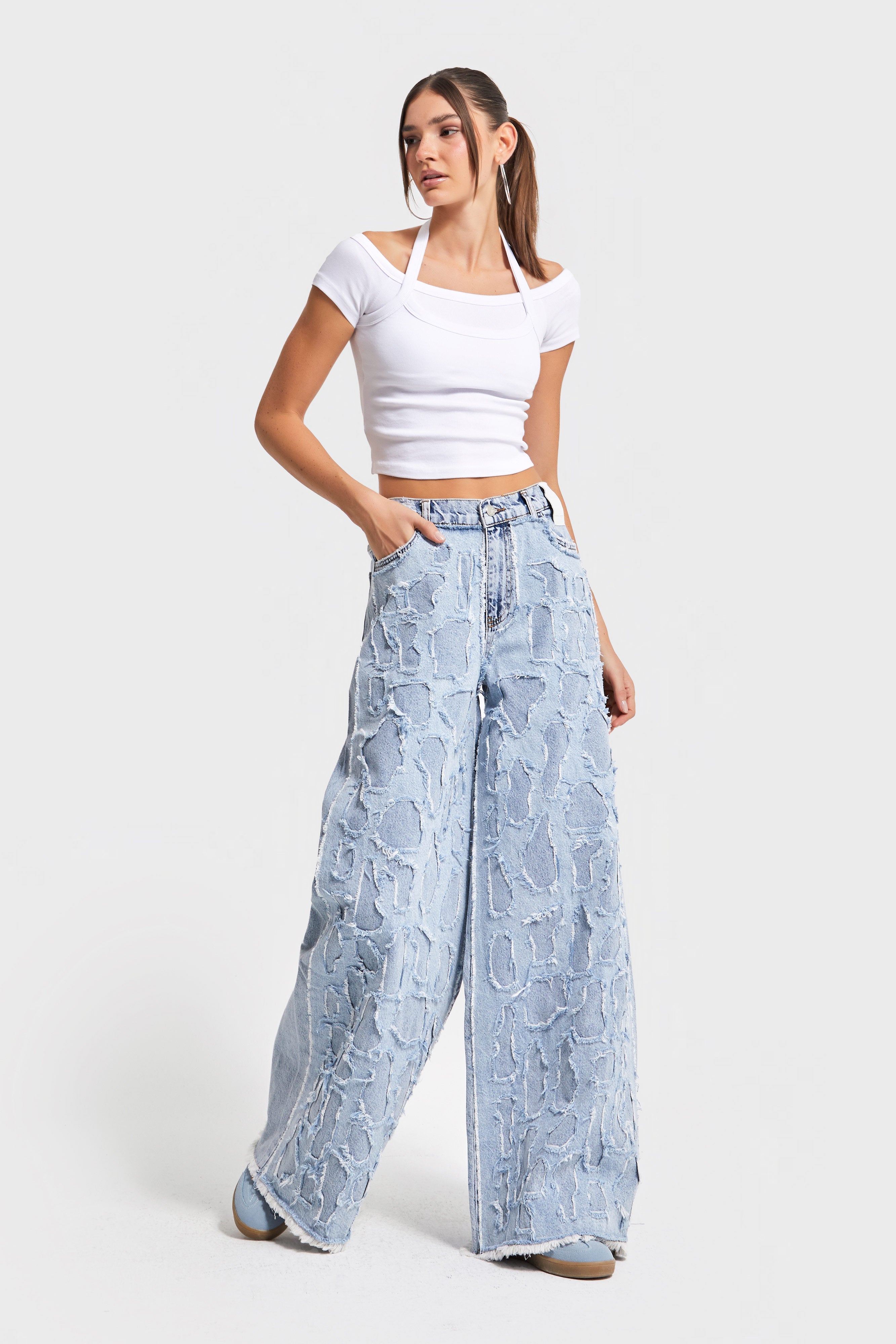 Kadın Ice Kot Rengi Yıpratma Detaylı Kumaş Özel Tasarım Palazzo Fit %100 Koton Denim Jean