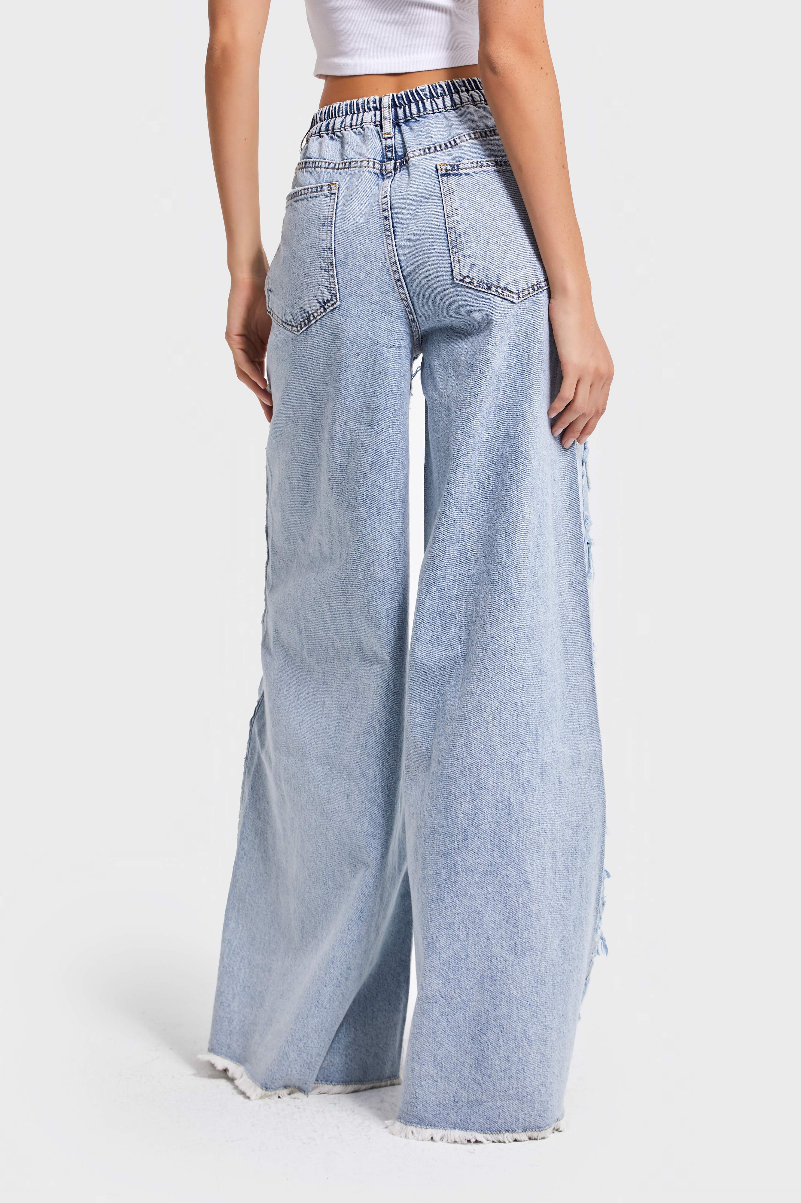Kadın Ice Kot Rengi Yıpratma Detaylı Kumaş Özel Tasarım Palazzo Fit %100 Koton Denim Jean