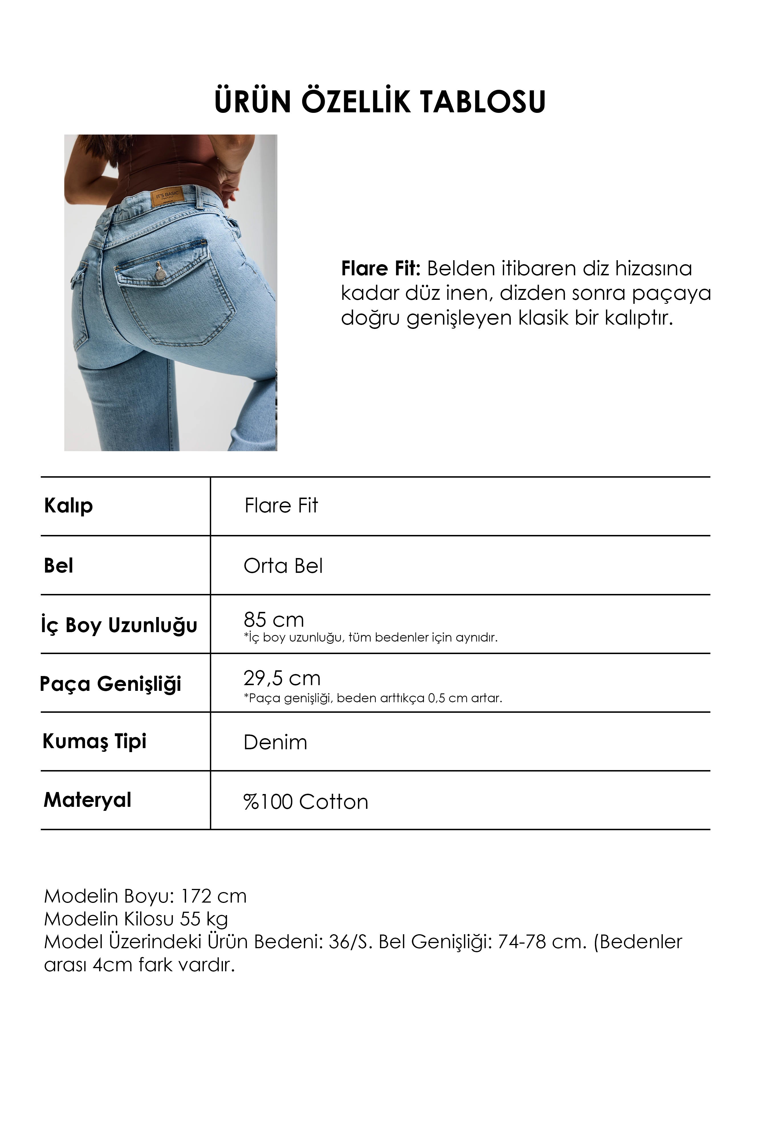 Kadın Ice Rengi 4s6-3 Mide Rise Flare Fit Süper Esnek Kumaş İç Boy 83cm Denim Jean