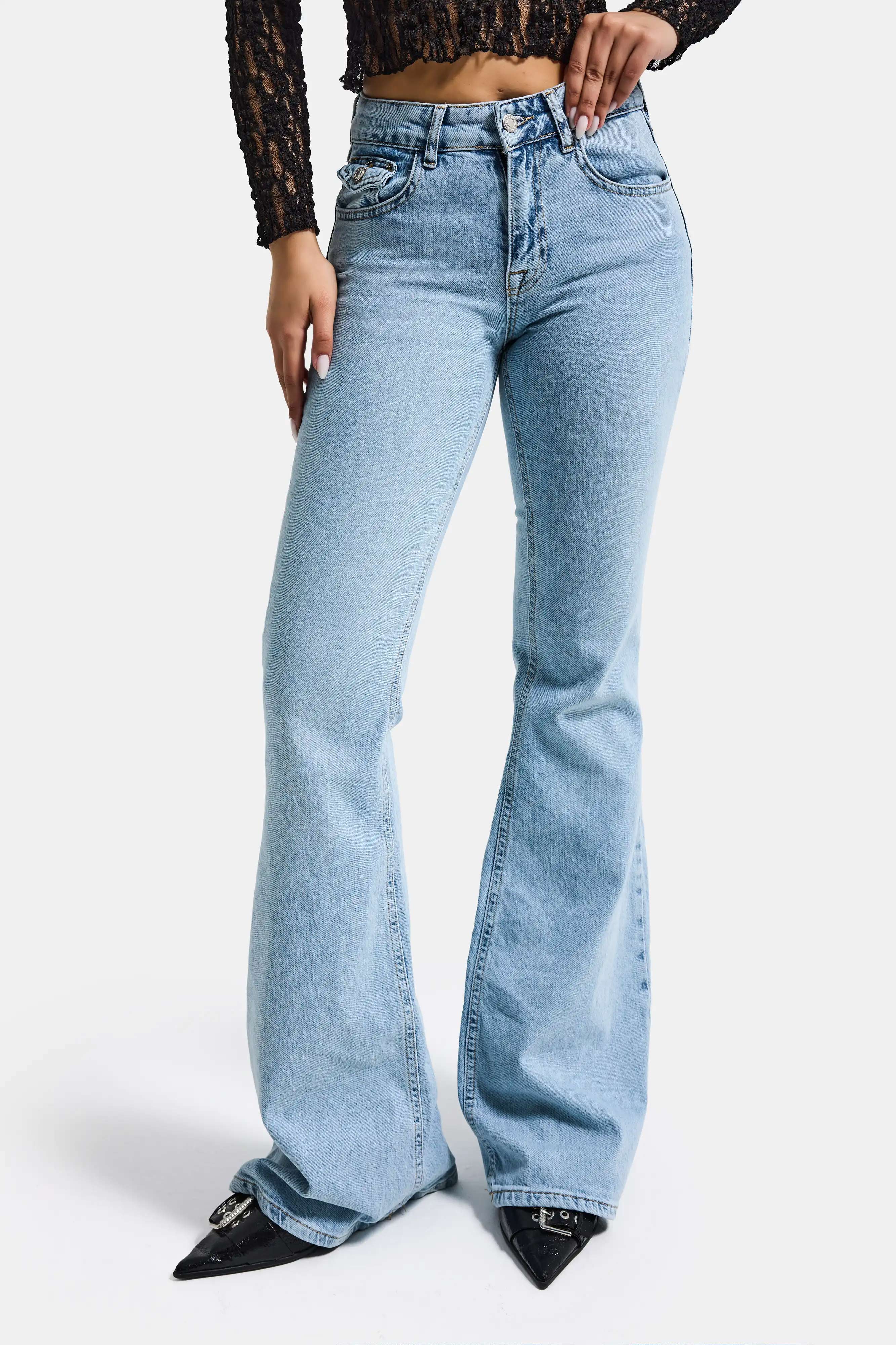 Kadın Ice Rengi 4s6-3 Mide Rise Flare Fit Süper Esnek Kumaş İç Boy 83cm Denim Jean