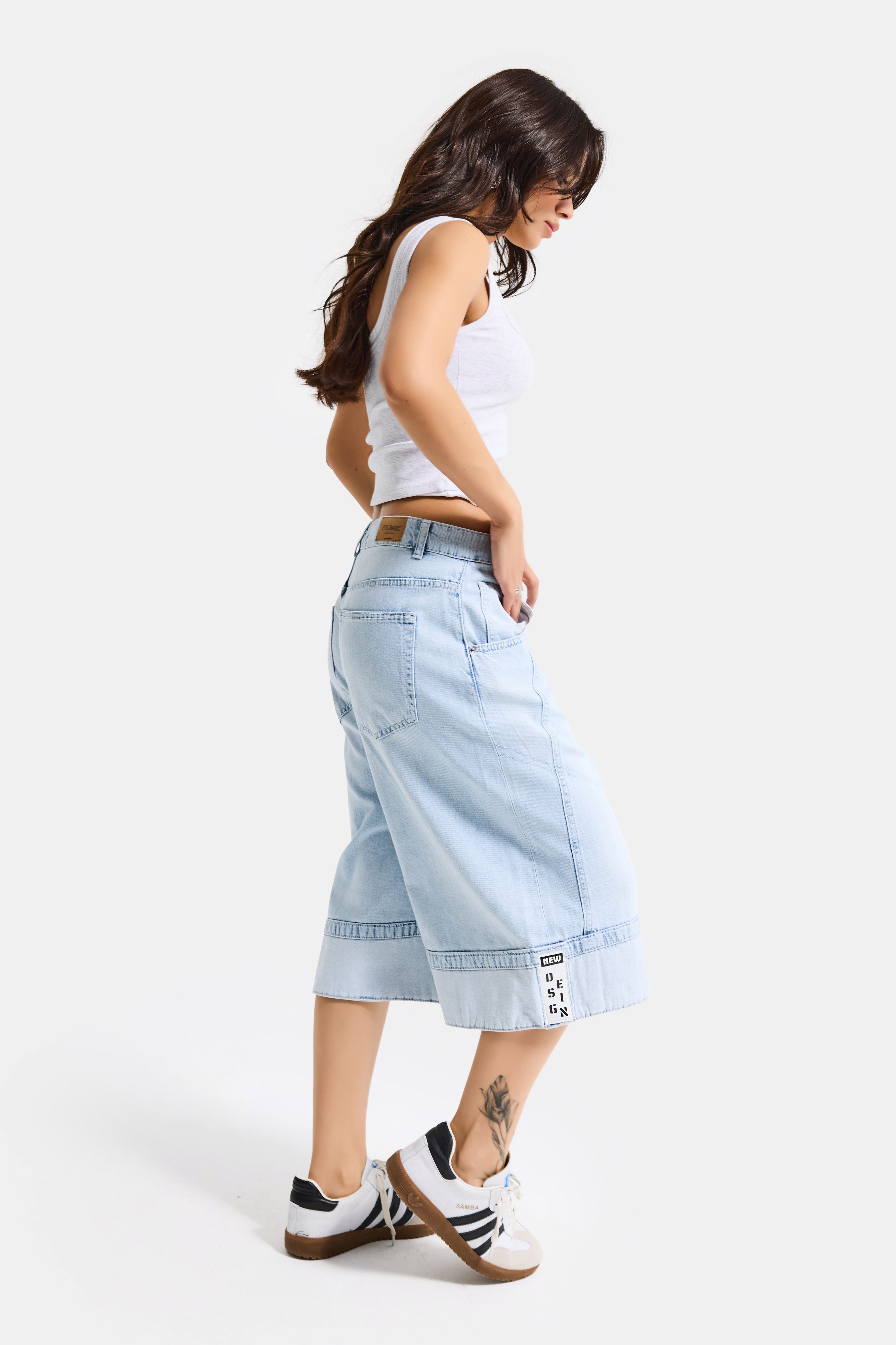 Kadın Ice Renk 4s6-3 Baggy Fit Maxi Boy Özel Tasarım Denim Bermuda Şort