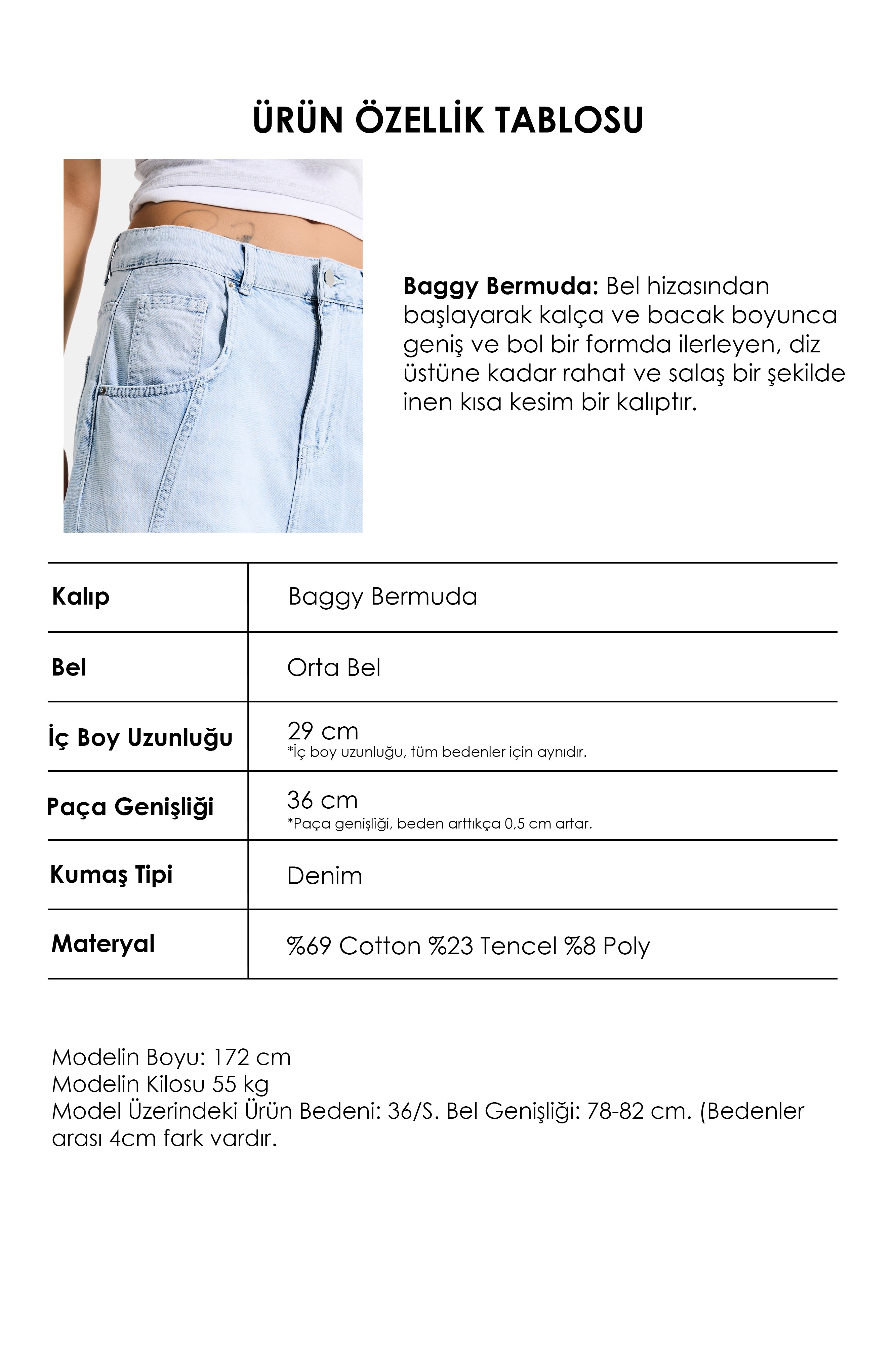 Kadın Ice Renk 4s6-3 Baggy Fit Maxi Boy Özel Tasarım Denim Bermuda Şort